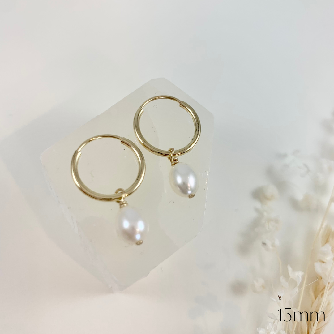 10k yellow gold pearl hoops