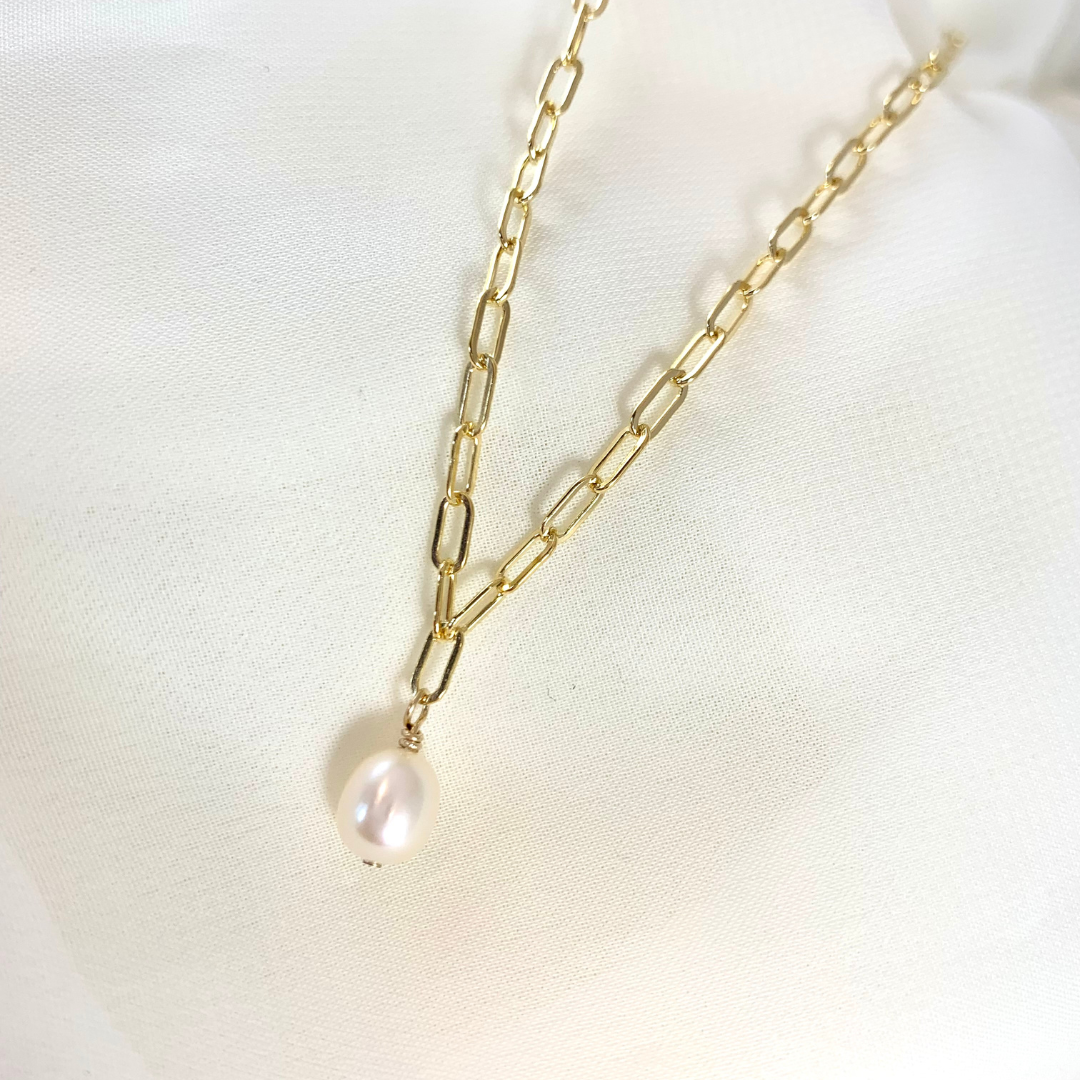 Pearl Necklace Yellow Gold Filled Paperclip Chain