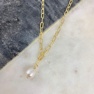 Pearl Necklace Yellow Gold Filled Paperclip Chain