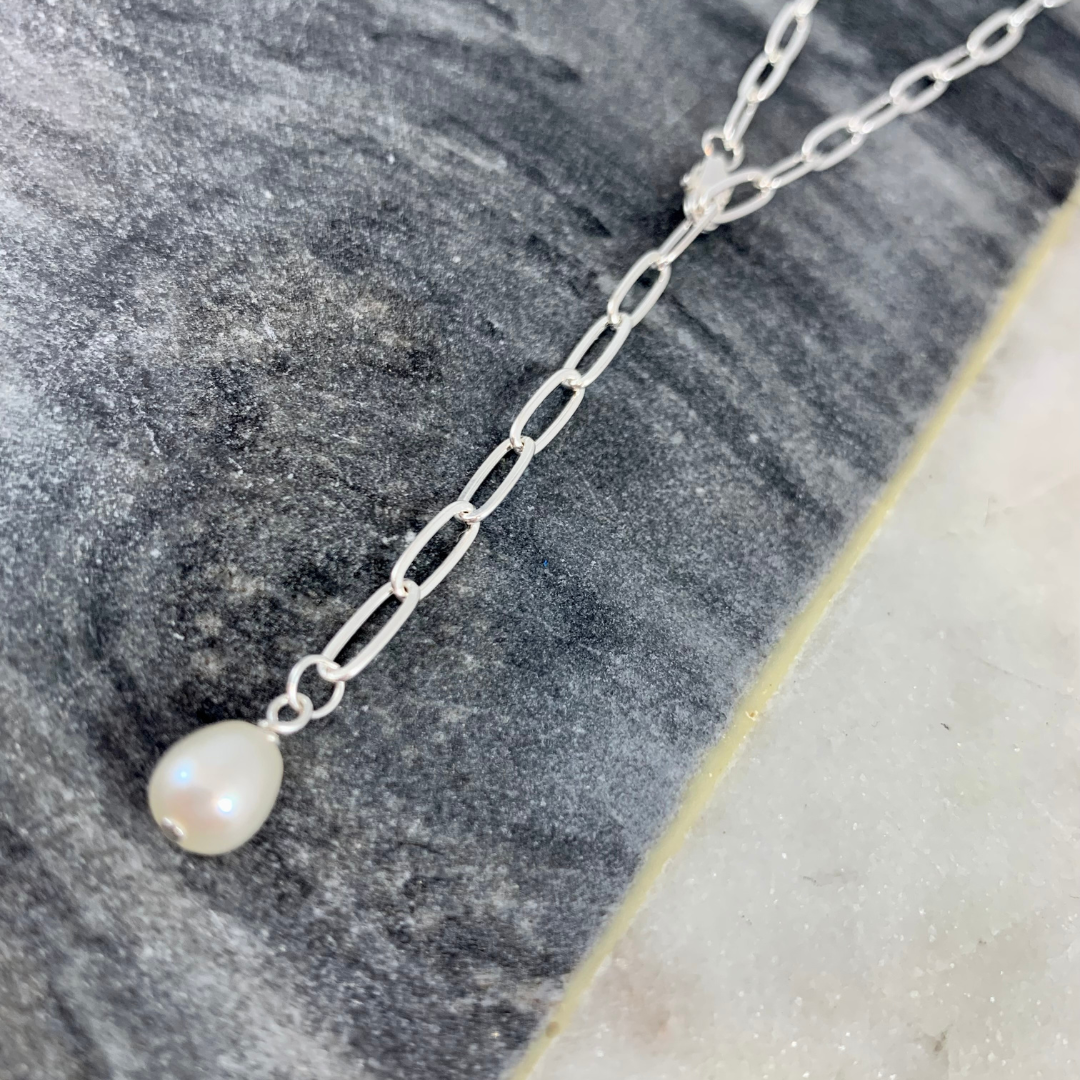 Adjustable Length Pearl Lariat Necklace in Sterling Silver