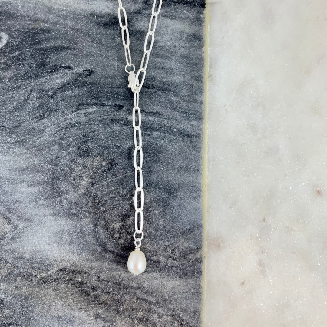 Adjustable Length Pearl Lariat Necklace in Sterling Silver