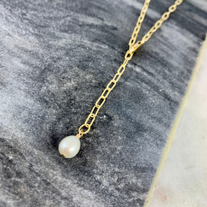 Adjustable Length Pearl Lariat Necklace in Yellow Gold Filled
