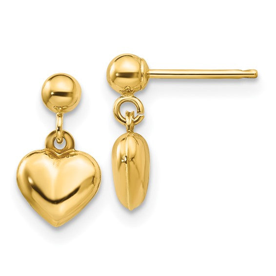 14k Yellow Gold Puffed Heart Children's Post Dangle Earrings