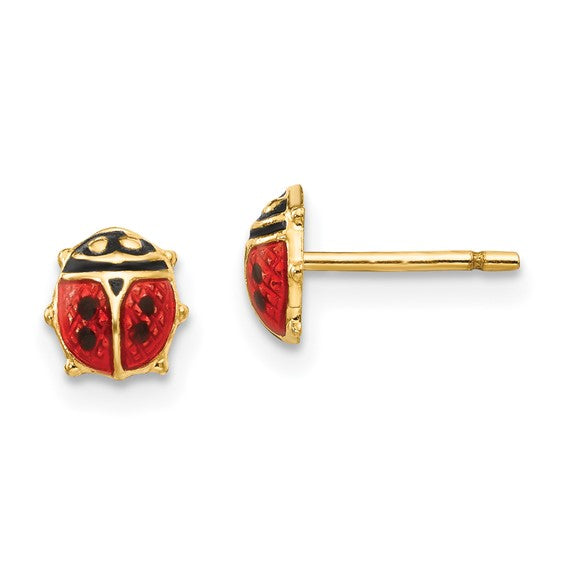 14K Yellow Gold Red and Black Enamel Ladybug Post Earrings
