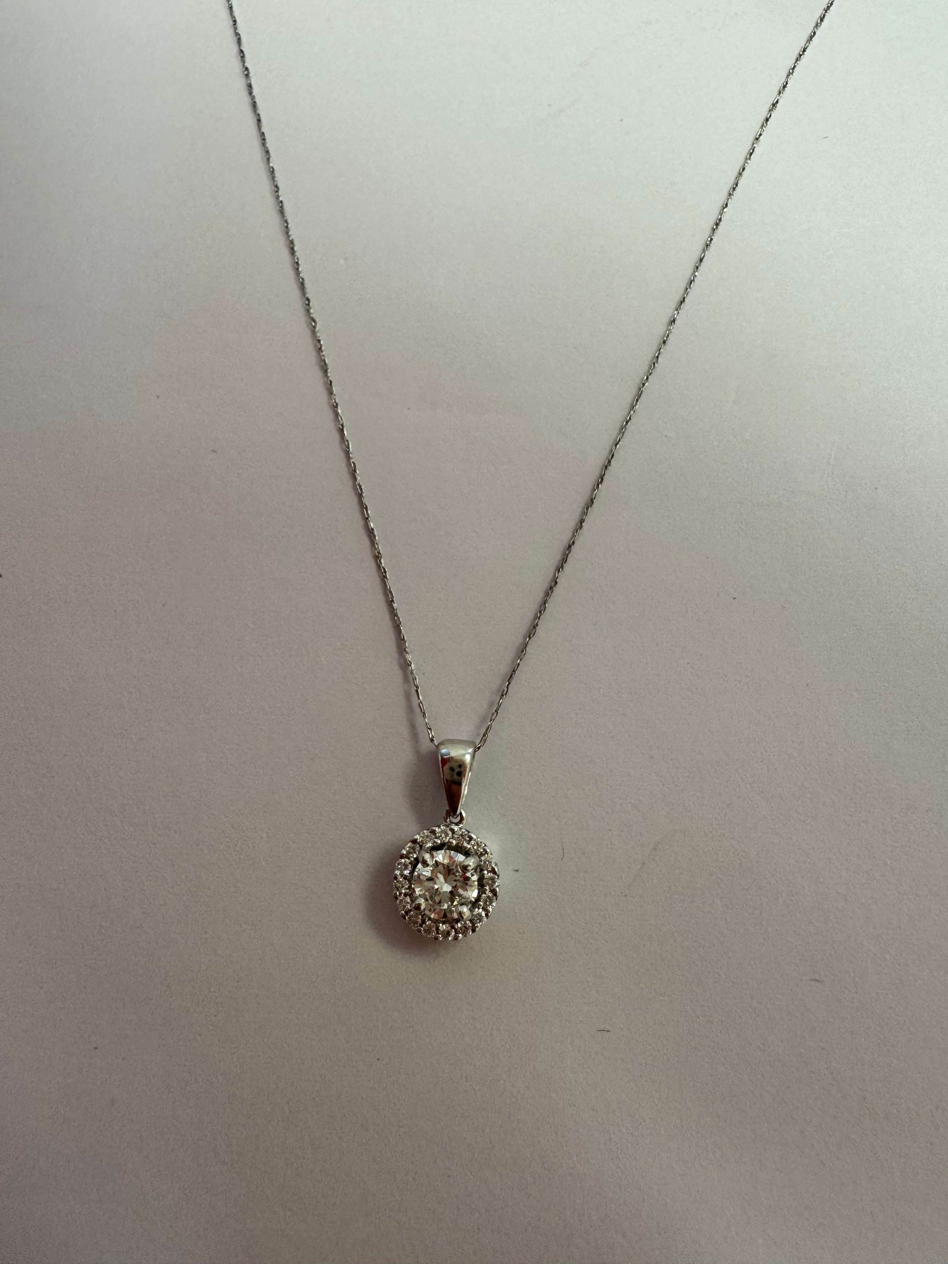White gold diamond halo necklace. Replace lobster clasp with magnetic clasp.