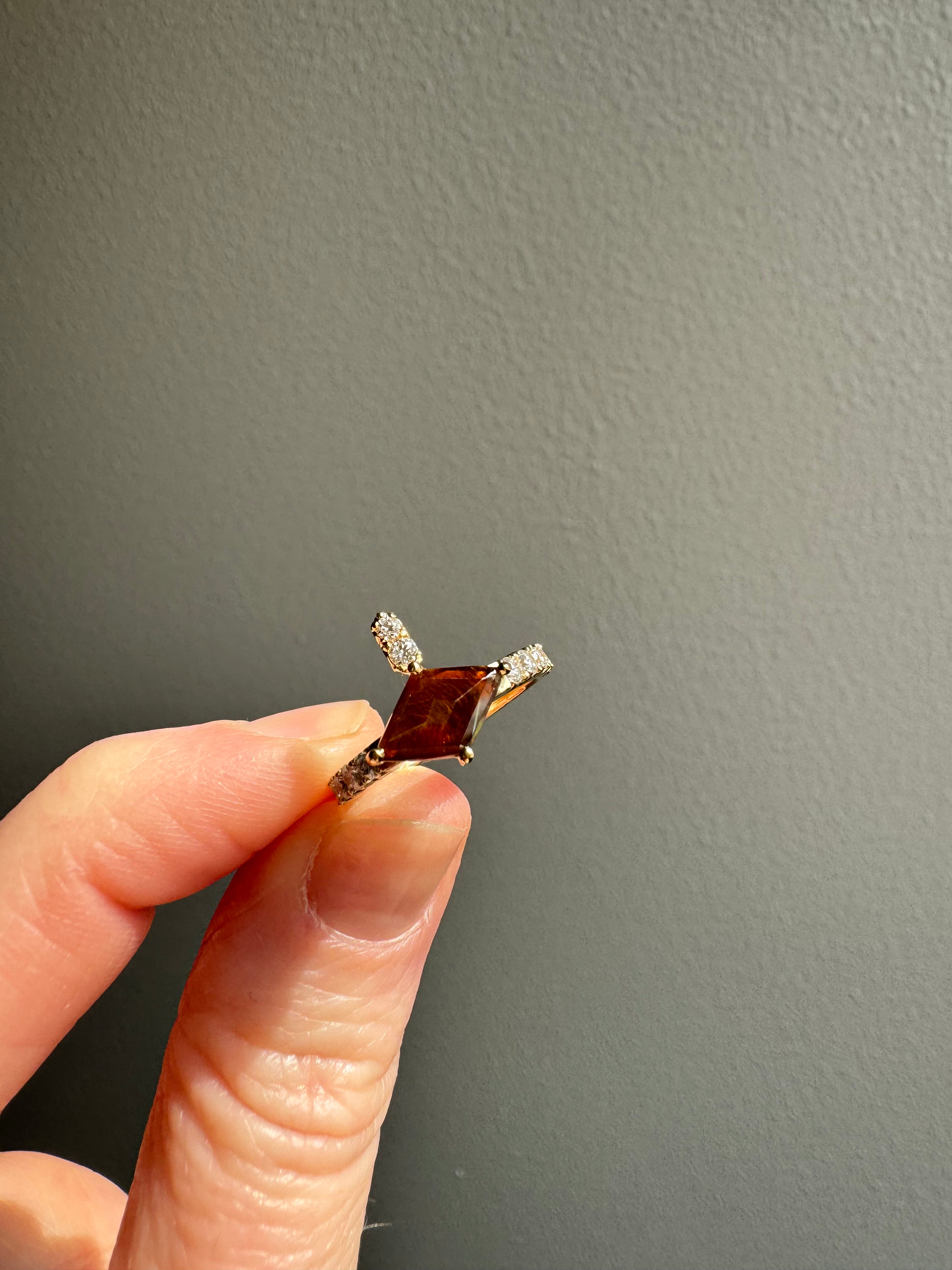 Replace missing diamond & polish 18k yellow gold eternity style fashion ring with brown kite cut gemstone