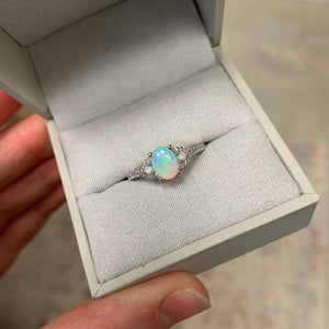 Ladies Custom Platinum Diamond and Opal Engagement Ring