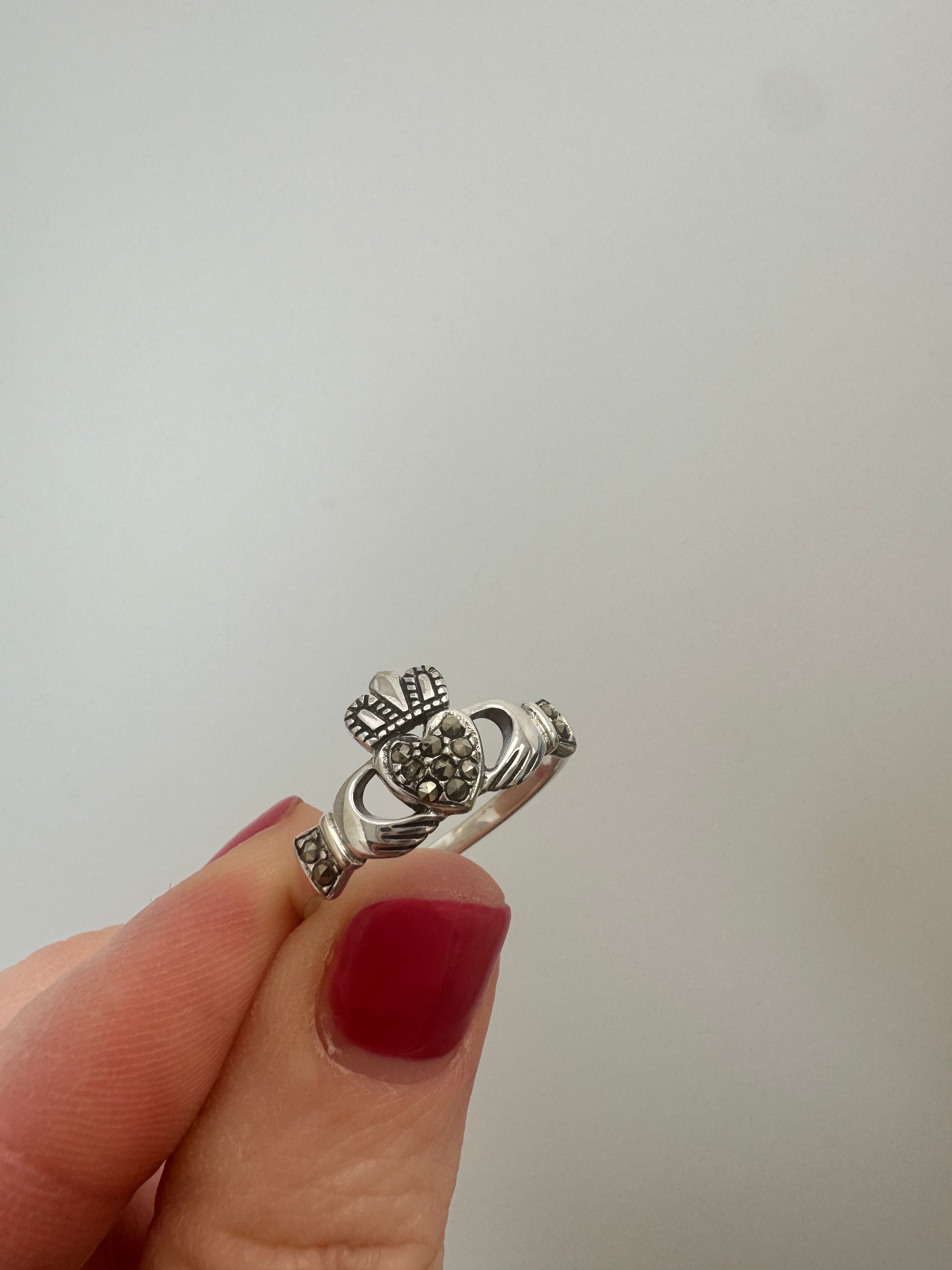 Sterling Silver Marcasite Claddagh Ring. Size down to 8.
