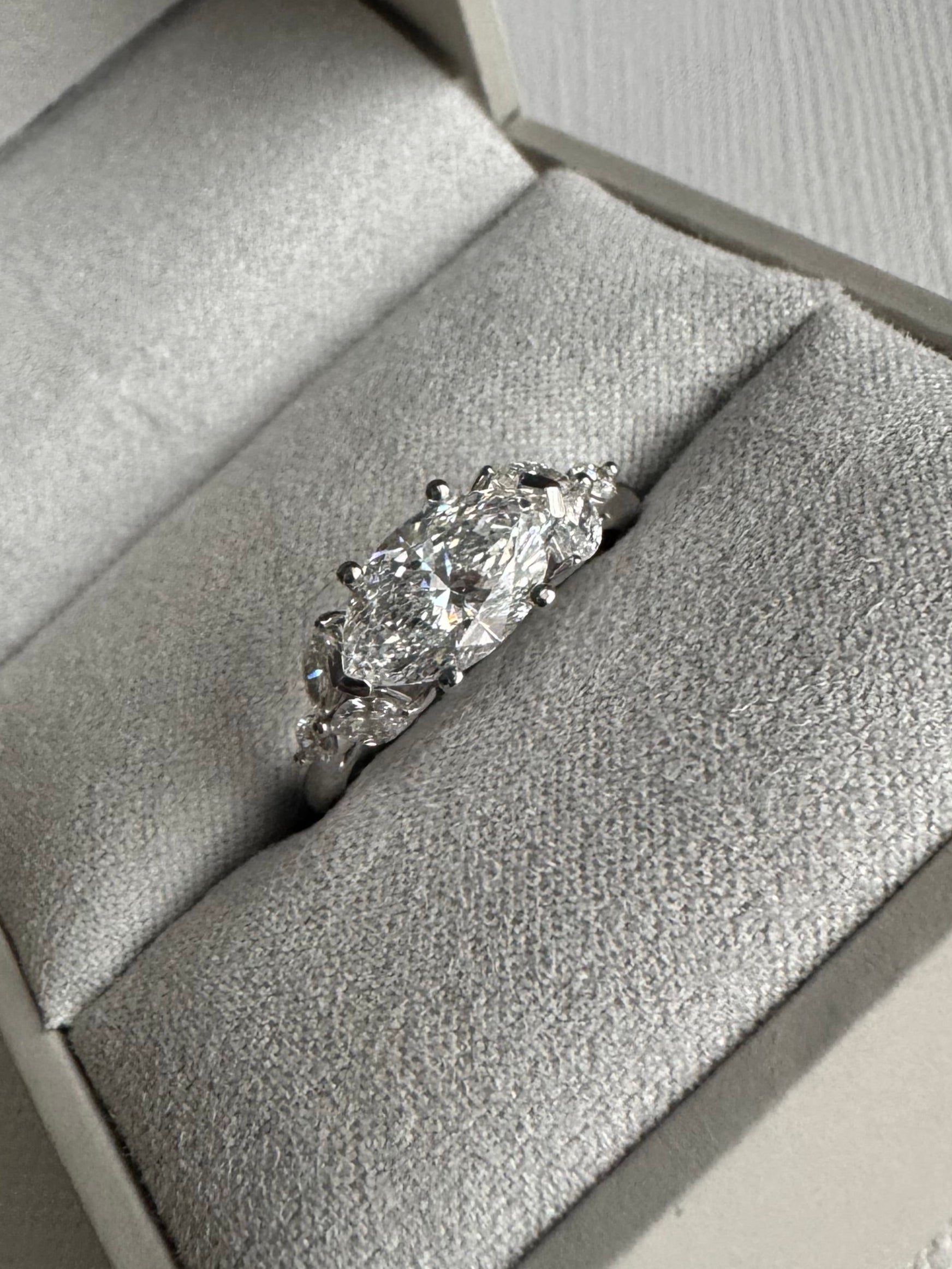 14k white gold diamond engagement ring with horizontal set 1.51 carat marquise center. GIA cert #6502832766. Size 6.75