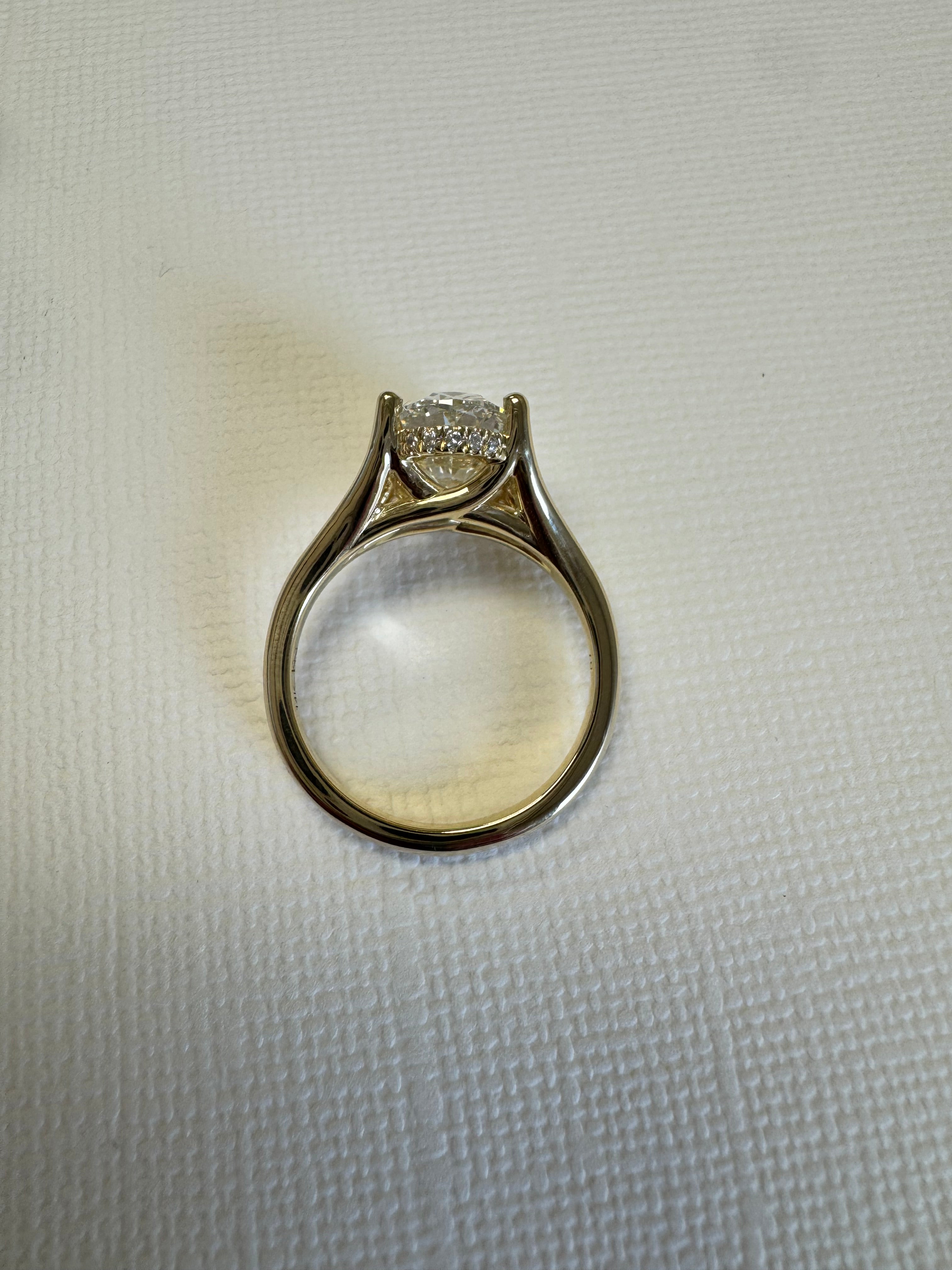 Pymt 1 of 4: Custom 14k yellow gold lab grown diamond engagement ring. Center= 3.56 ct lab grown oval (E, VS1). Accents= 1mm round lab grown diamonds (.05 cts, F+, VS)