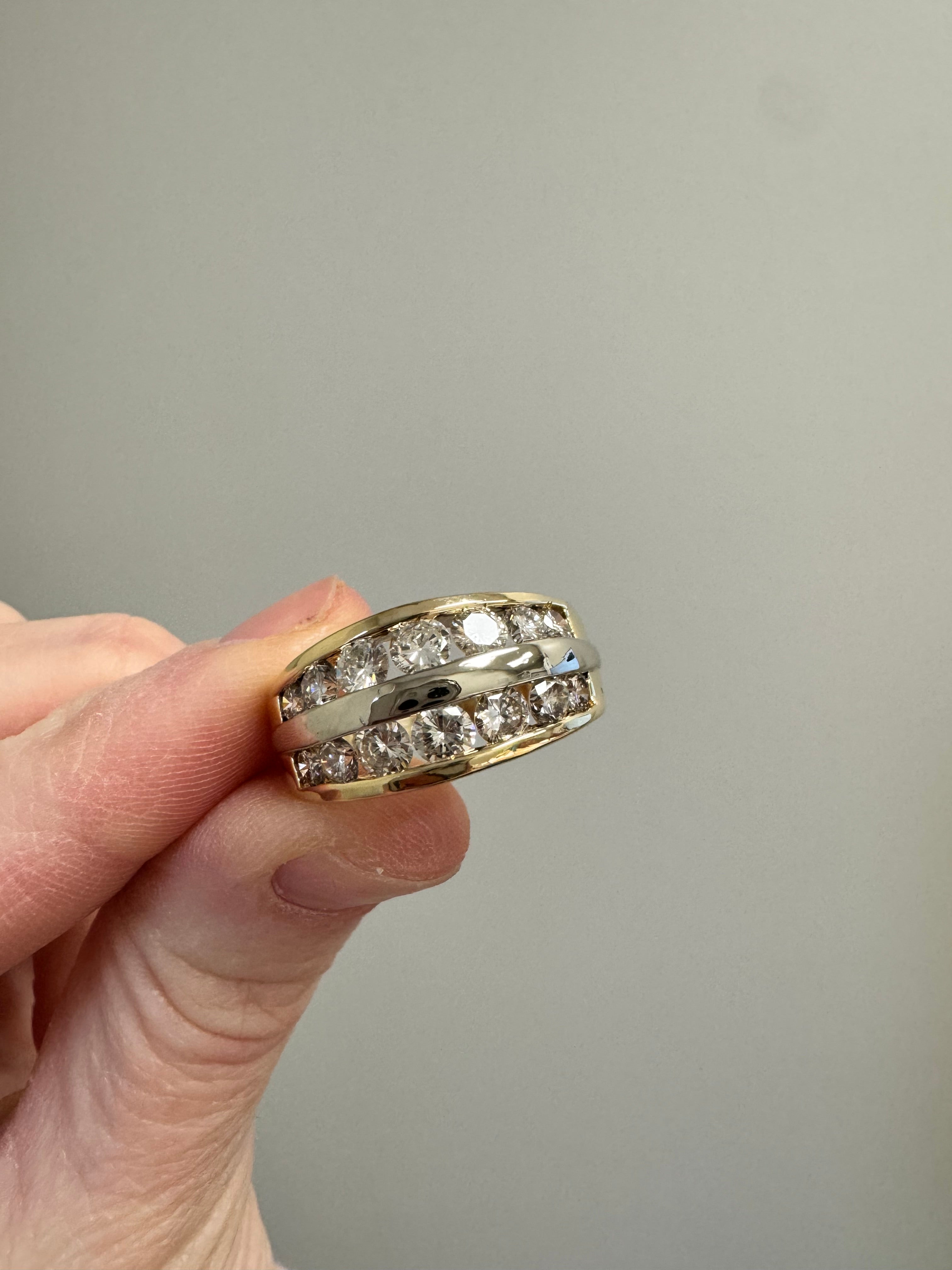 Two tone double row diamond fashion ring with graduated round diamonds: Size up to 9, do 1/4 shank & polish