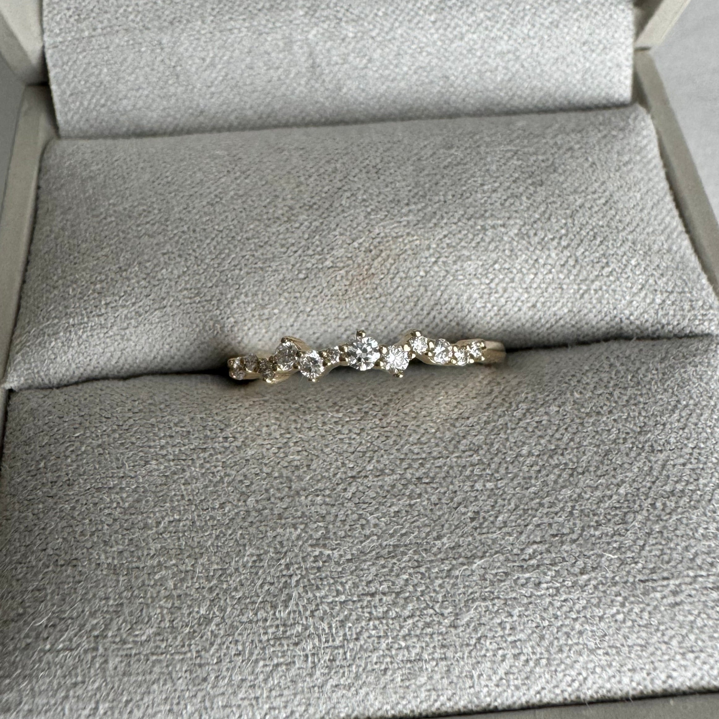 14k yellow gold lab grown diamond wedding band totaling 0.14 cts. Size 5. The diamonds are DEF color and VS clarity.