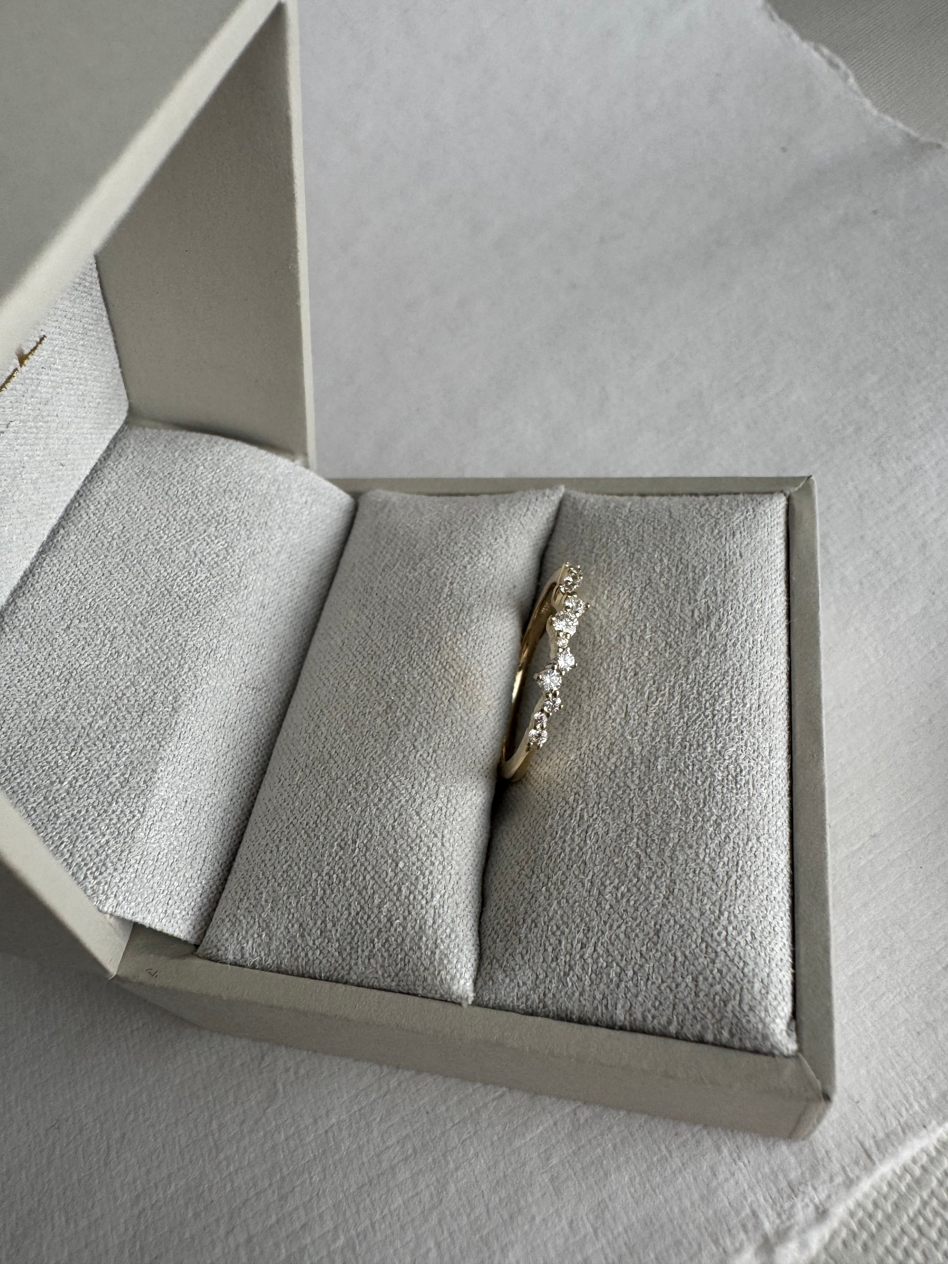 14k yellow gold lab grown diamond wedding band totaling 0.14 cts. Size 5. The diamonds are DEF color and VS clarity.