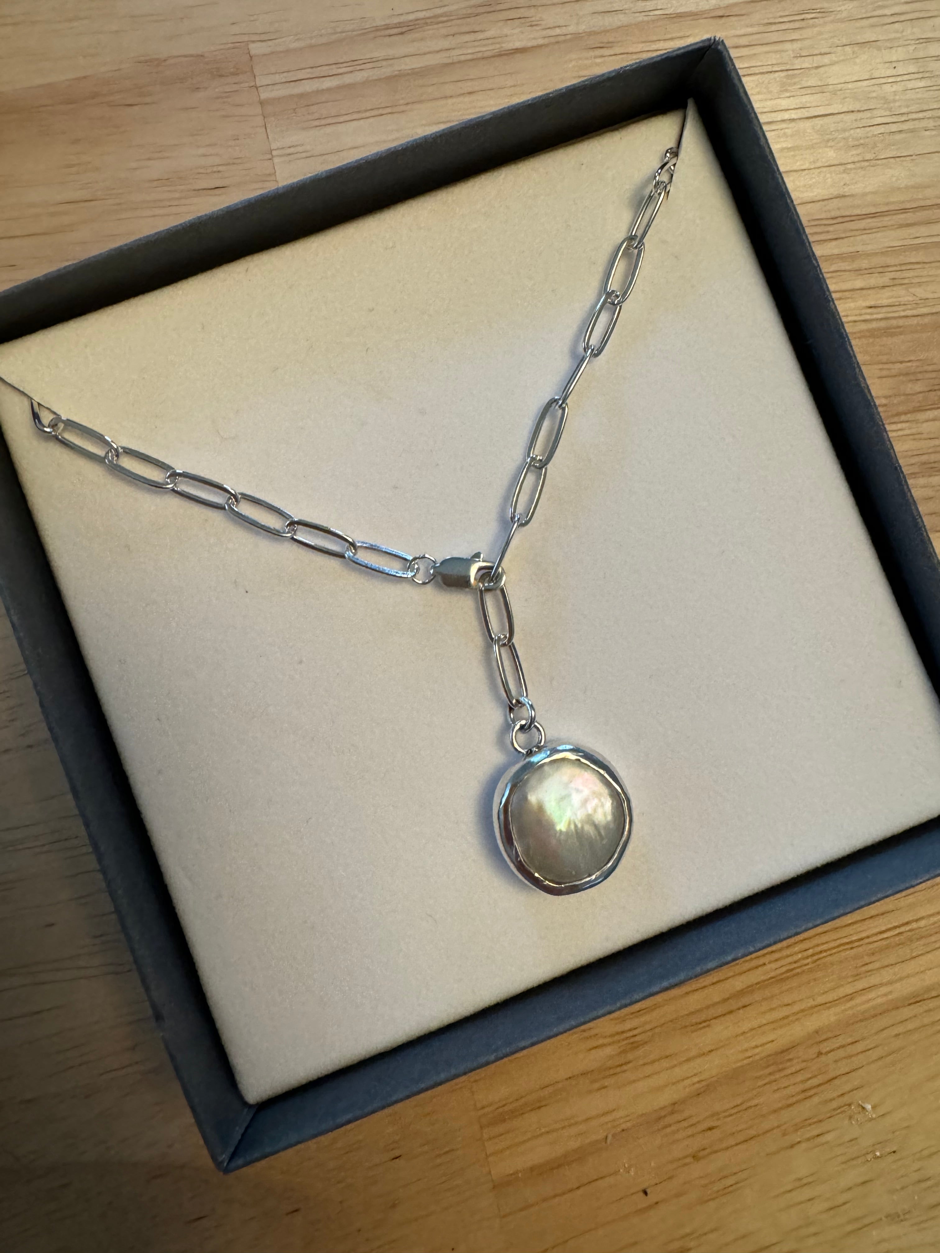 Sterling Silver Bezel Coin Pearl Lariat