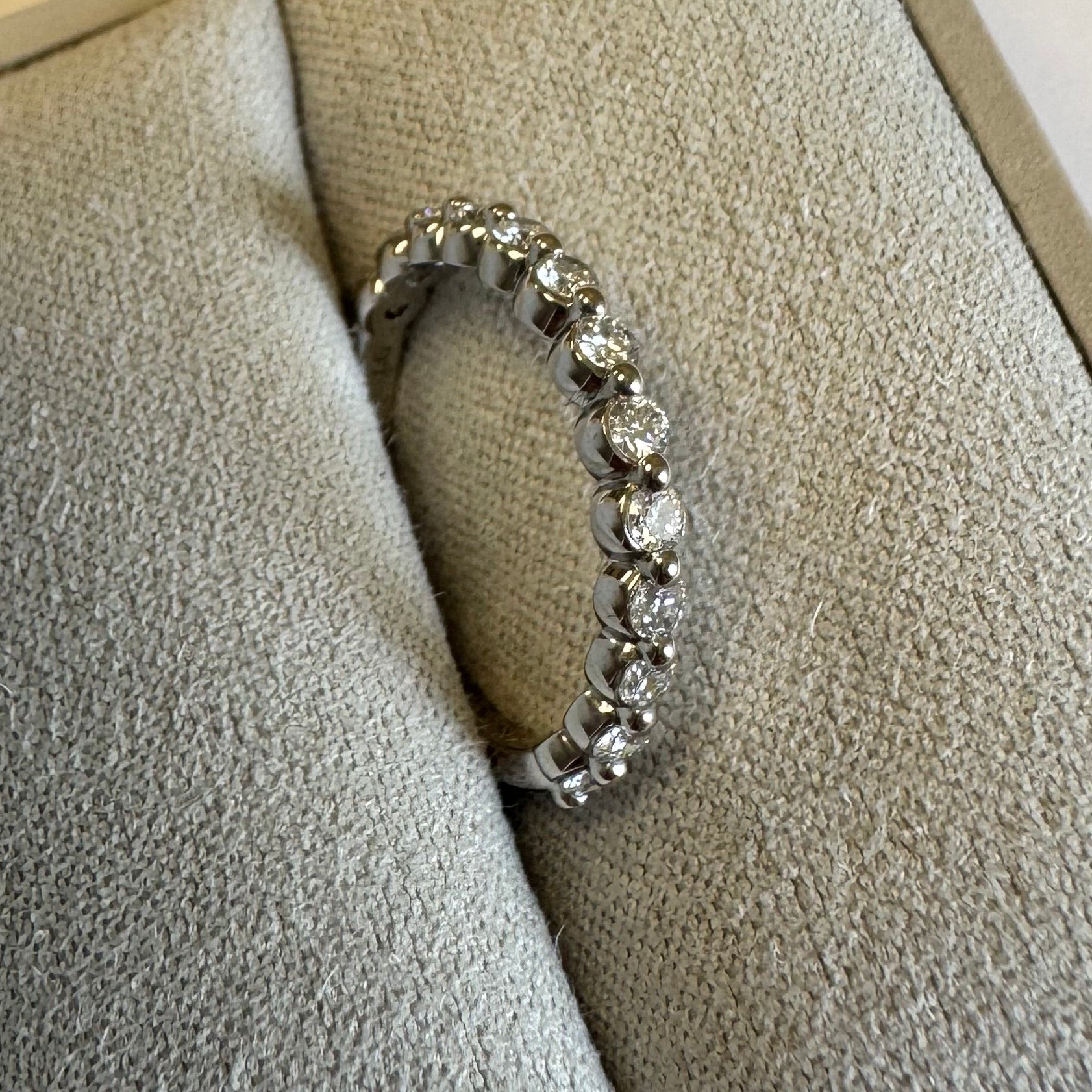 Custom 14k white gold lab grown diamond single shared prong band in a size 5.5. Approximately 0.39 cttw.