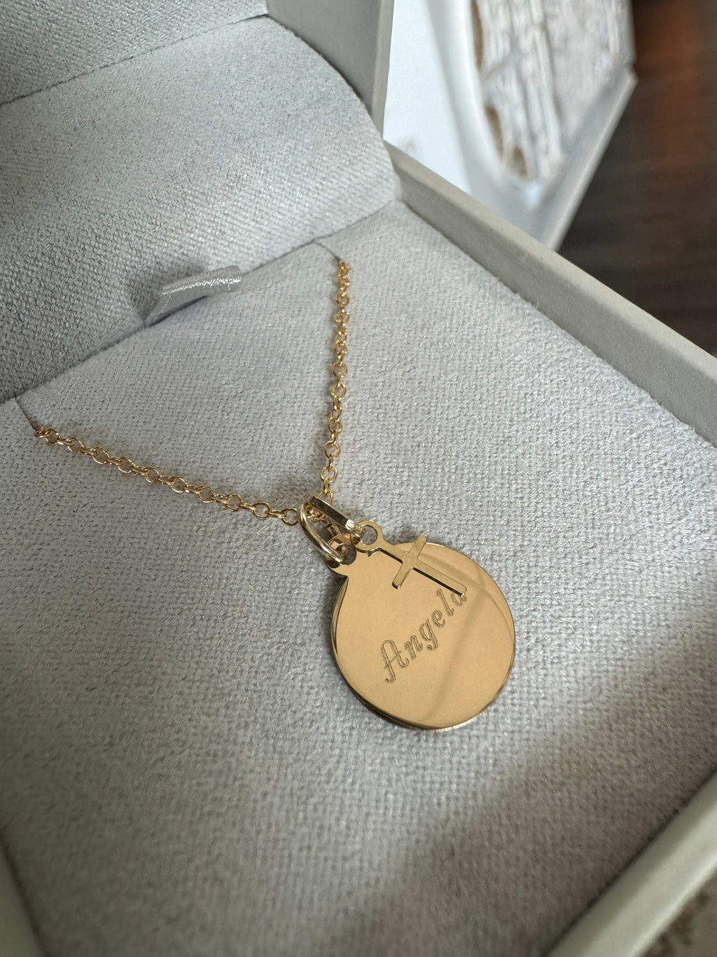 Ladies yellow gold engraved "Angela" disc with layered cross charm necklace
