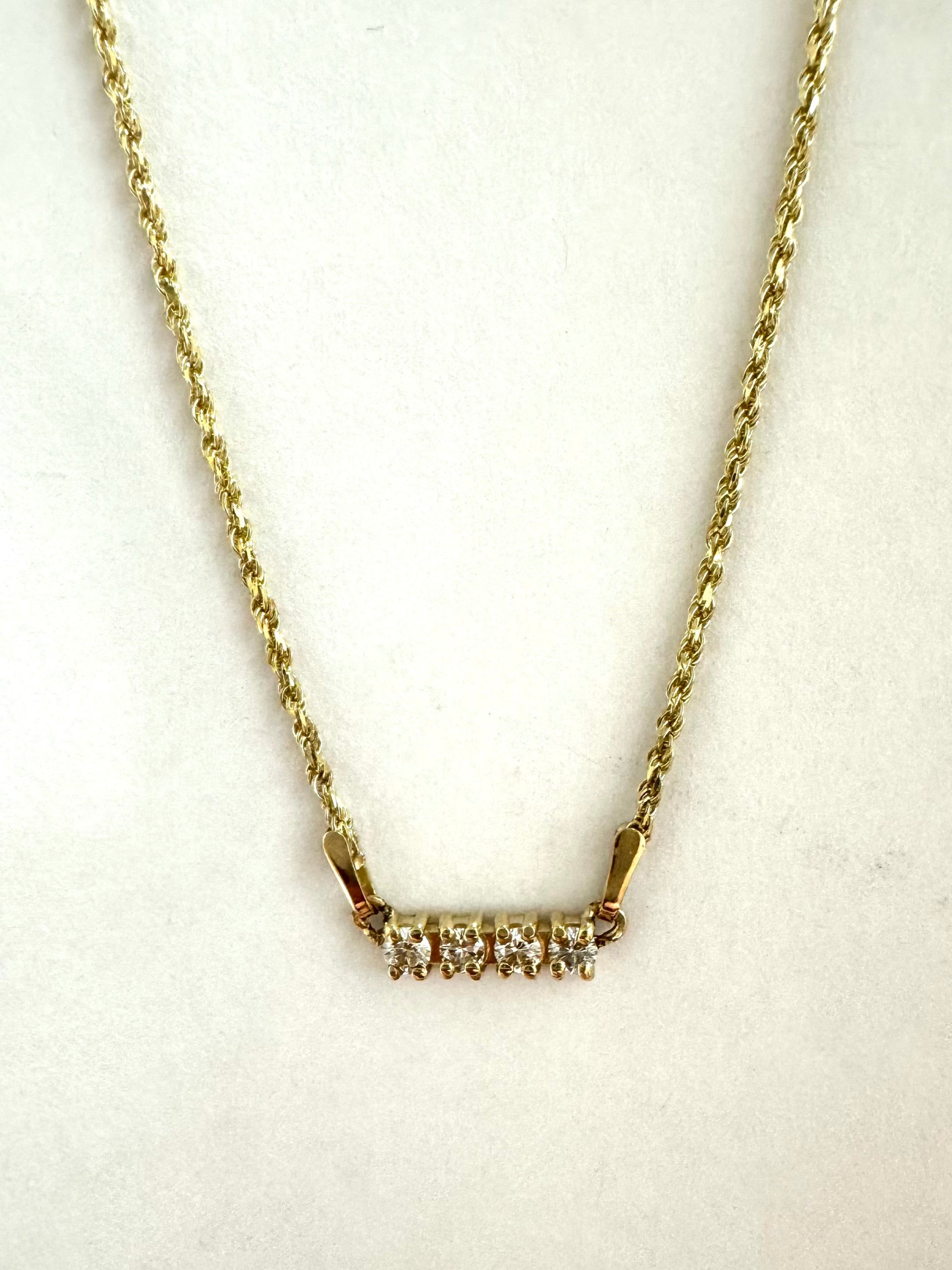 add end tabs where chain connects to secure: 10k yellow gold diamond bar necklace. no charge.