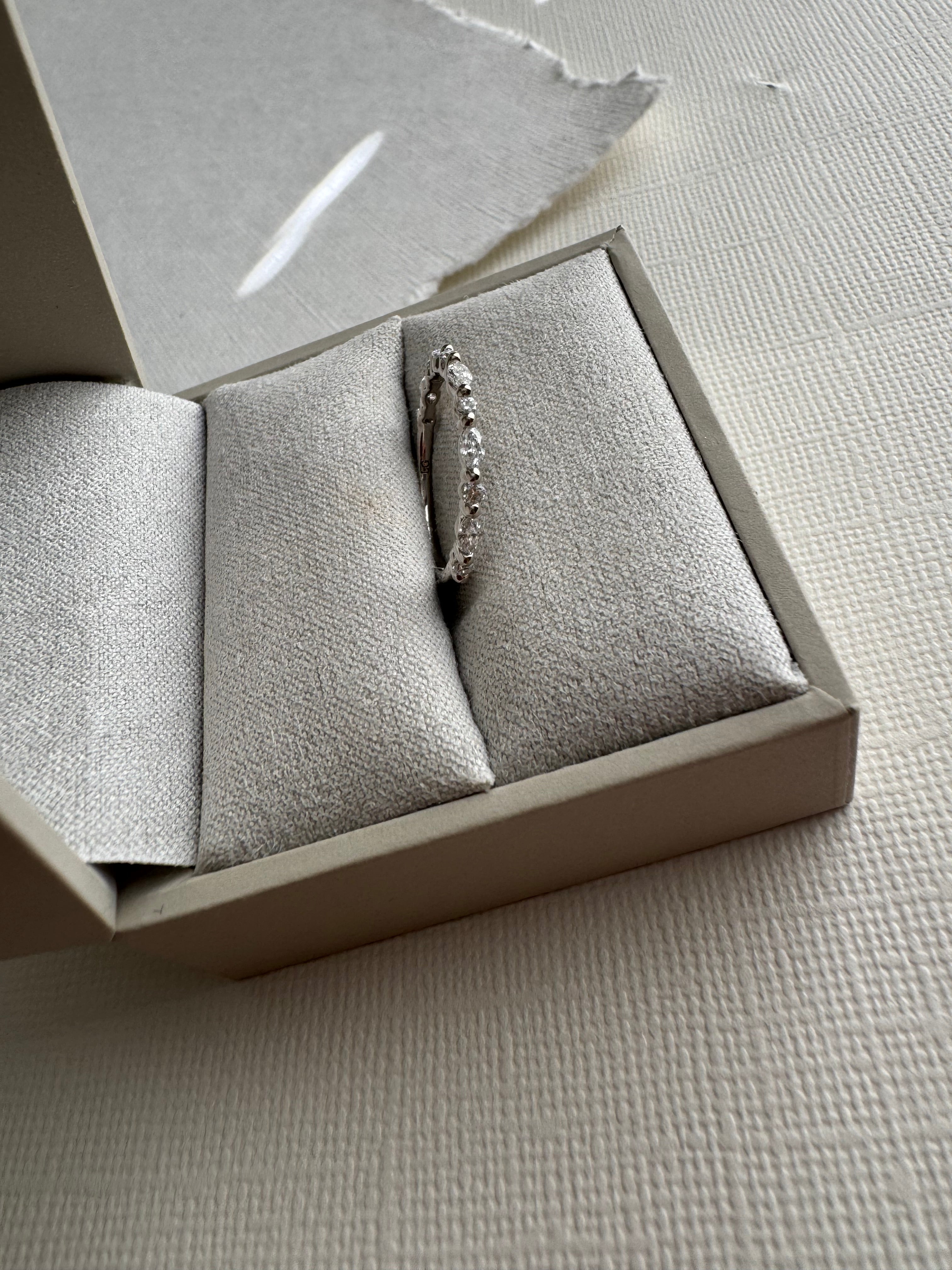 14k white gold lab grown round and marquise diamond wedding band. Size 5.75. Carat weight= approx. 0.37 cts. approx: