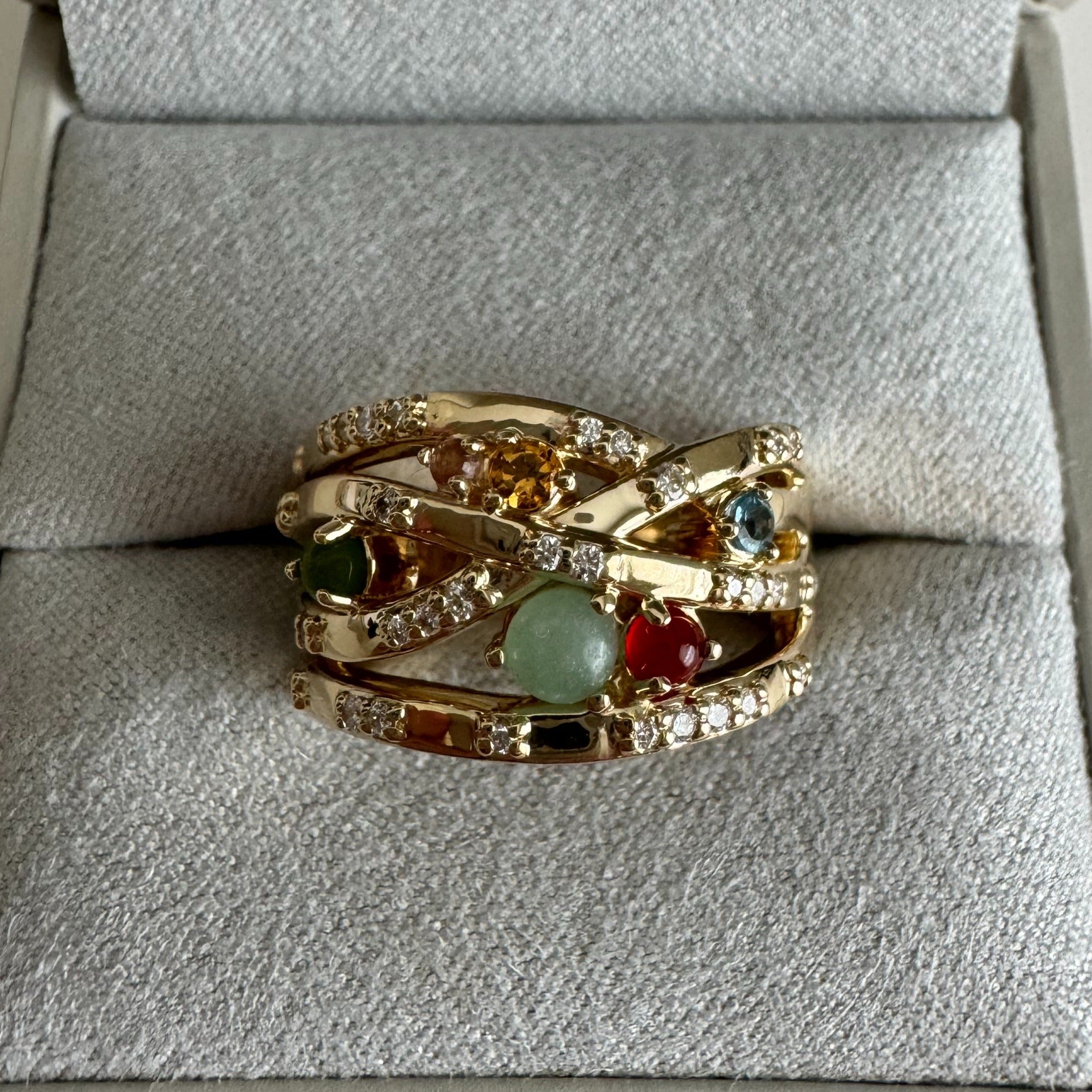 Custom 14k yellow gold diamond and gemstone fashion ring - Size 8