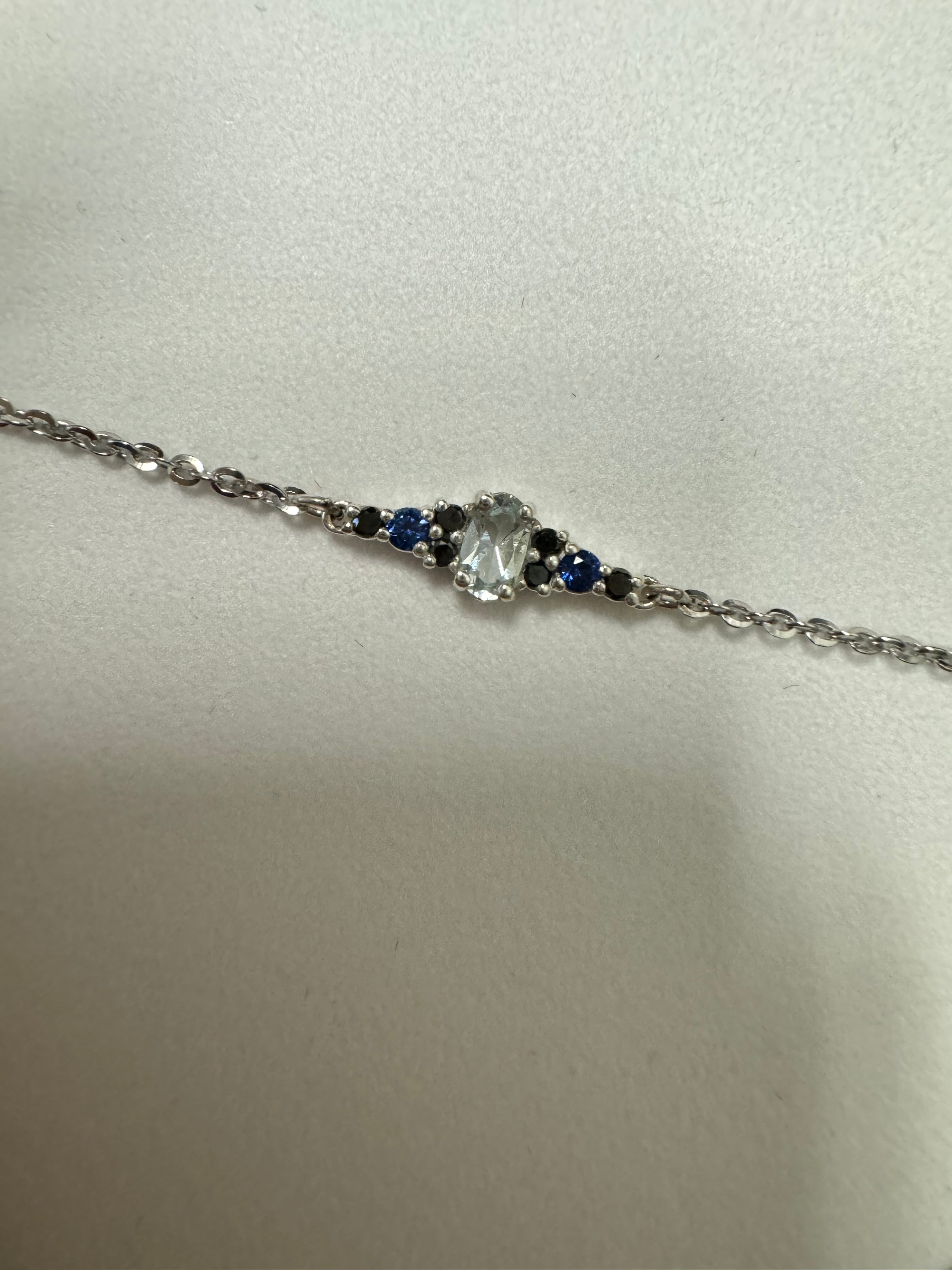 Custom sterling silver aquamarine, sapphire and black diamond bracelet- 7"