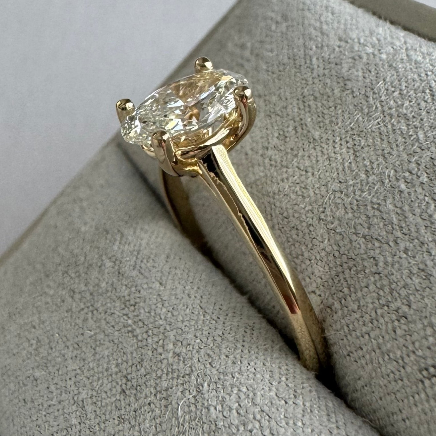 1st payment: 14k yellow gold oval diamond solitaire engagement ring with knife edge shank - Size 7.25