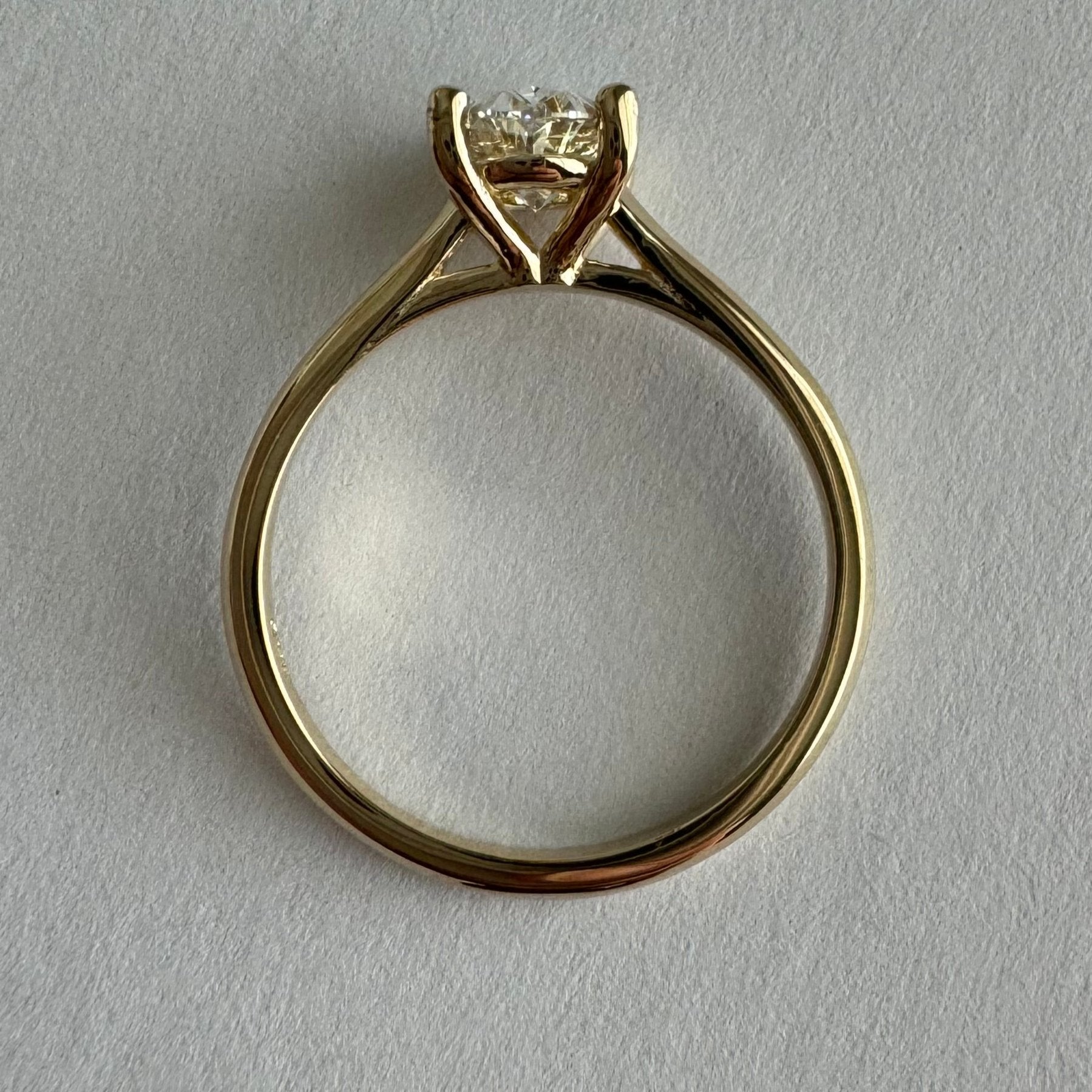 1st payment: 14k yellow gold oval diamond solitaire engagement ring with knife edge shank - Size 7.25