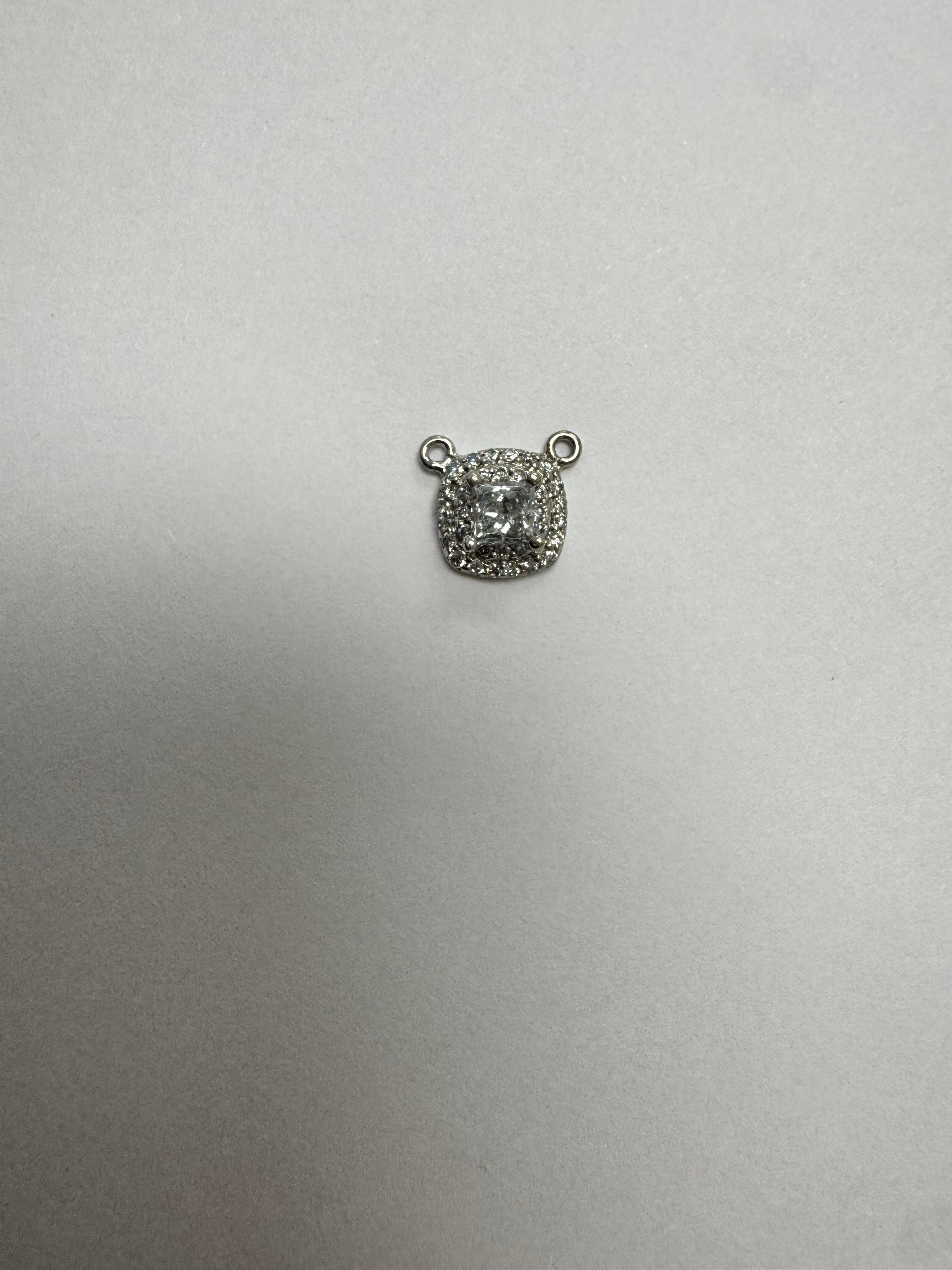 Repair: Cut double halo top off eng. ring. Supply & set .40 ct lab grown princess cut diamond (G+, VS/SI, 4x4mm). Supply new head setting for center. Smooth out bottom and add 2 jump rings to make station pendant.