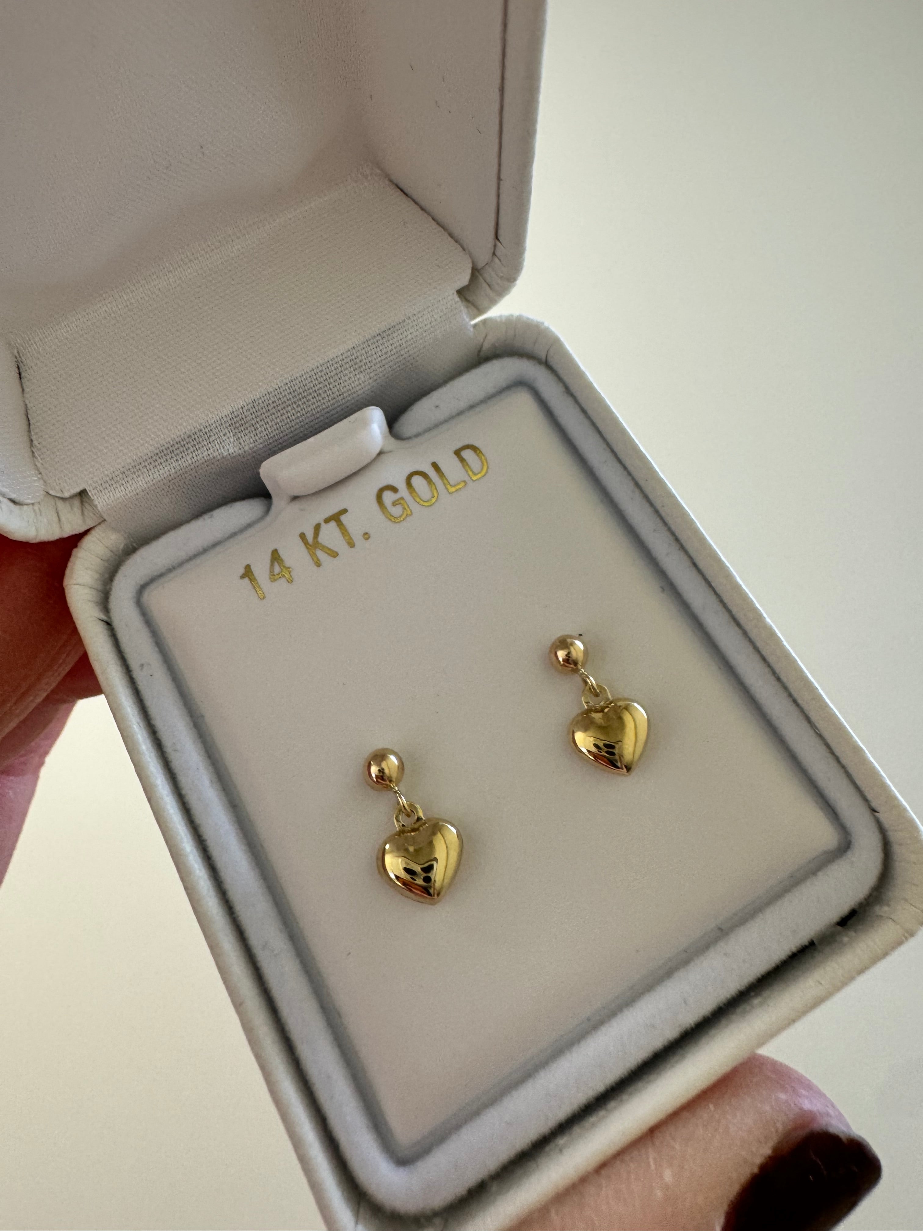14k Yellow Gold Puffed Heart Children's Post Dangle Earrings