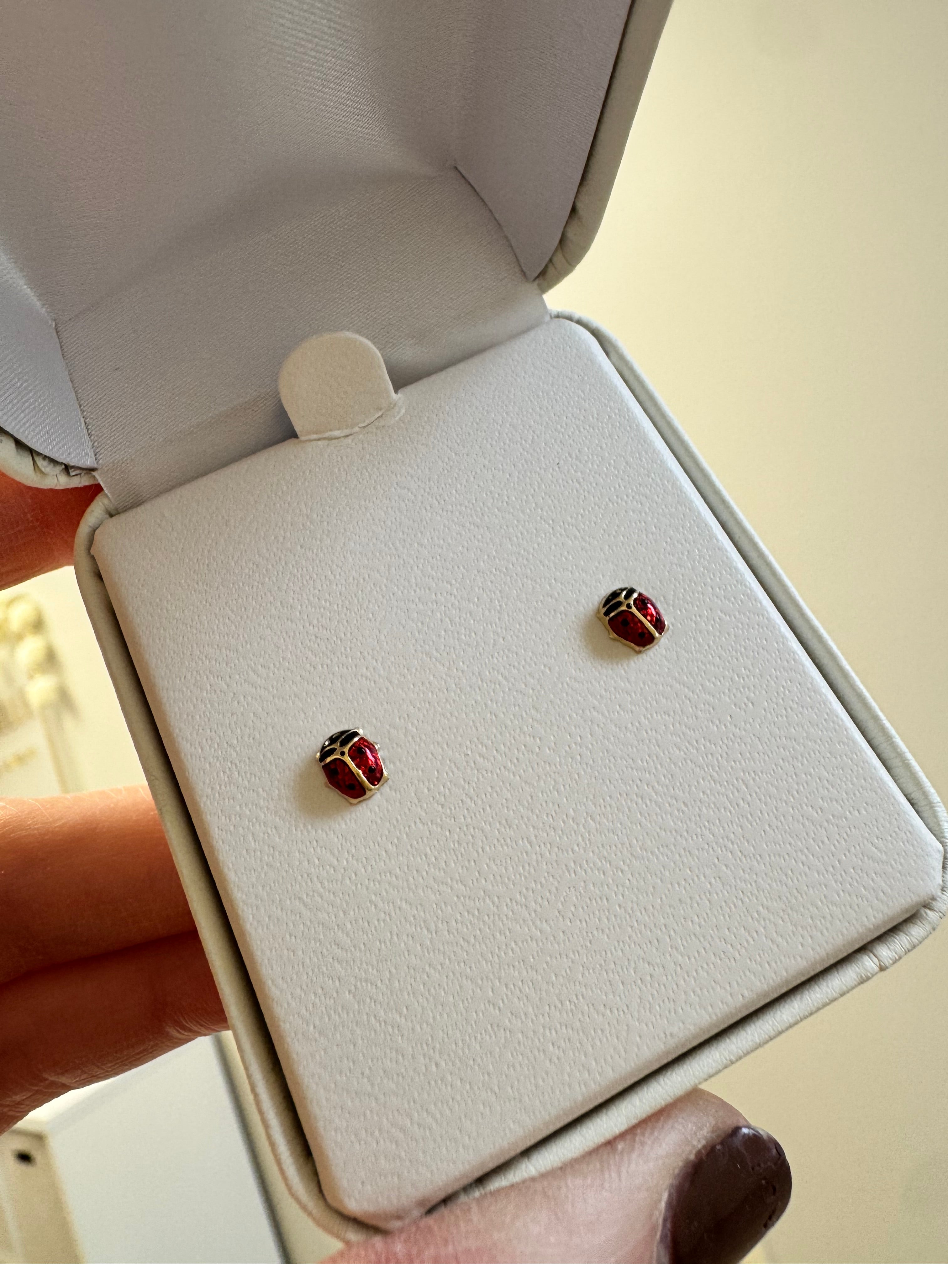 14K Yellow Gold Red and Black Enamel Ladybug Post Earrings