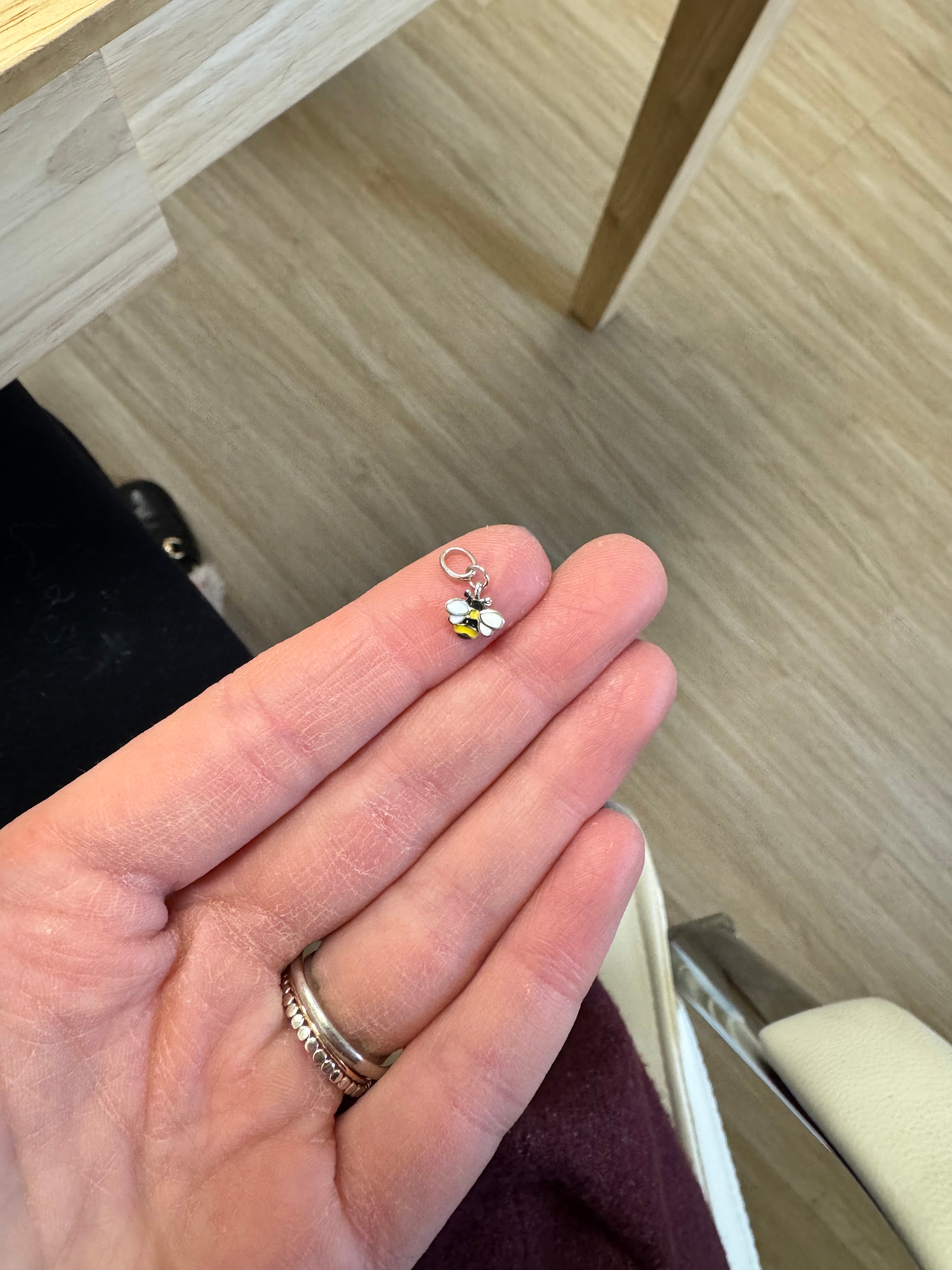 Sterling Silver Rhodium-plated Black/Yellow with White Enamel Bee Charm