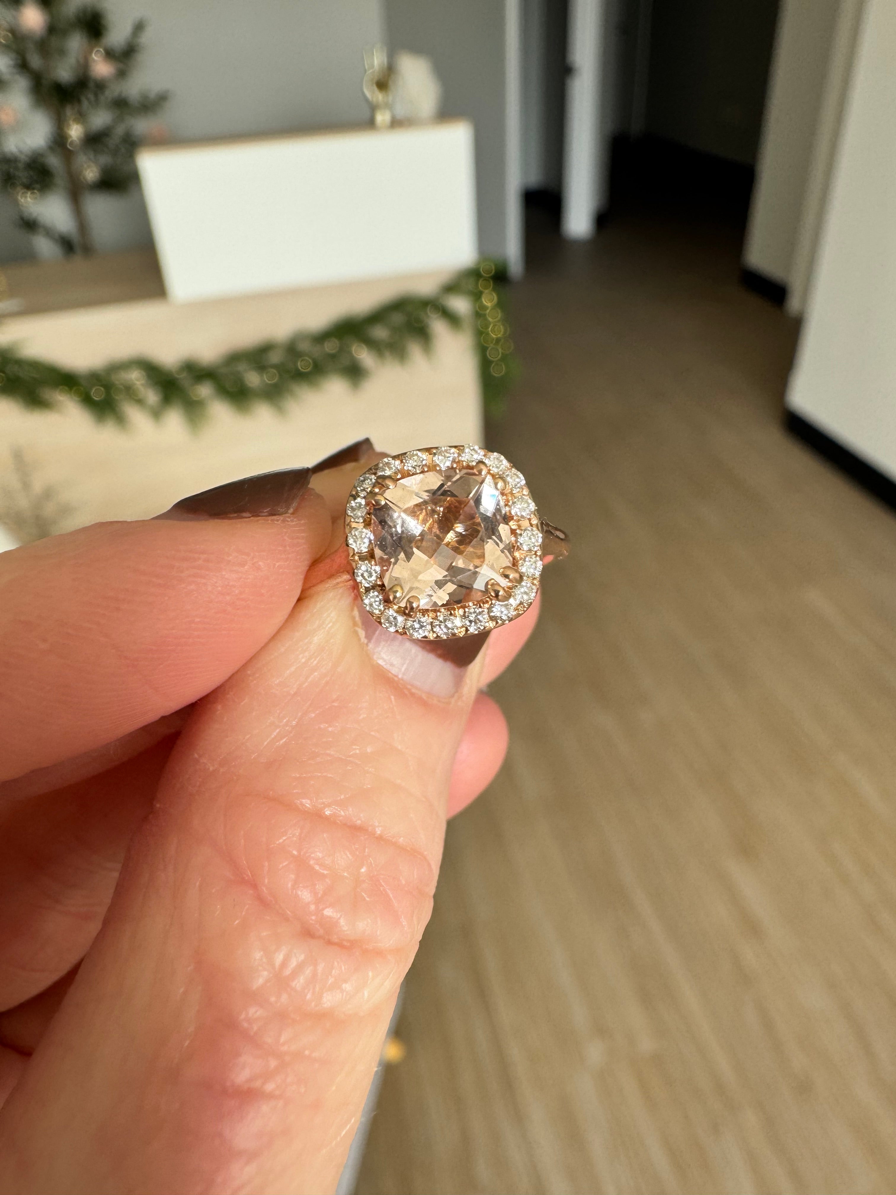 14k rose gold diamond & morganite engagement ring: Replace 7x7mm cushion morganite, retip morganite, supply 1mm round diamond and retip. Refinish.