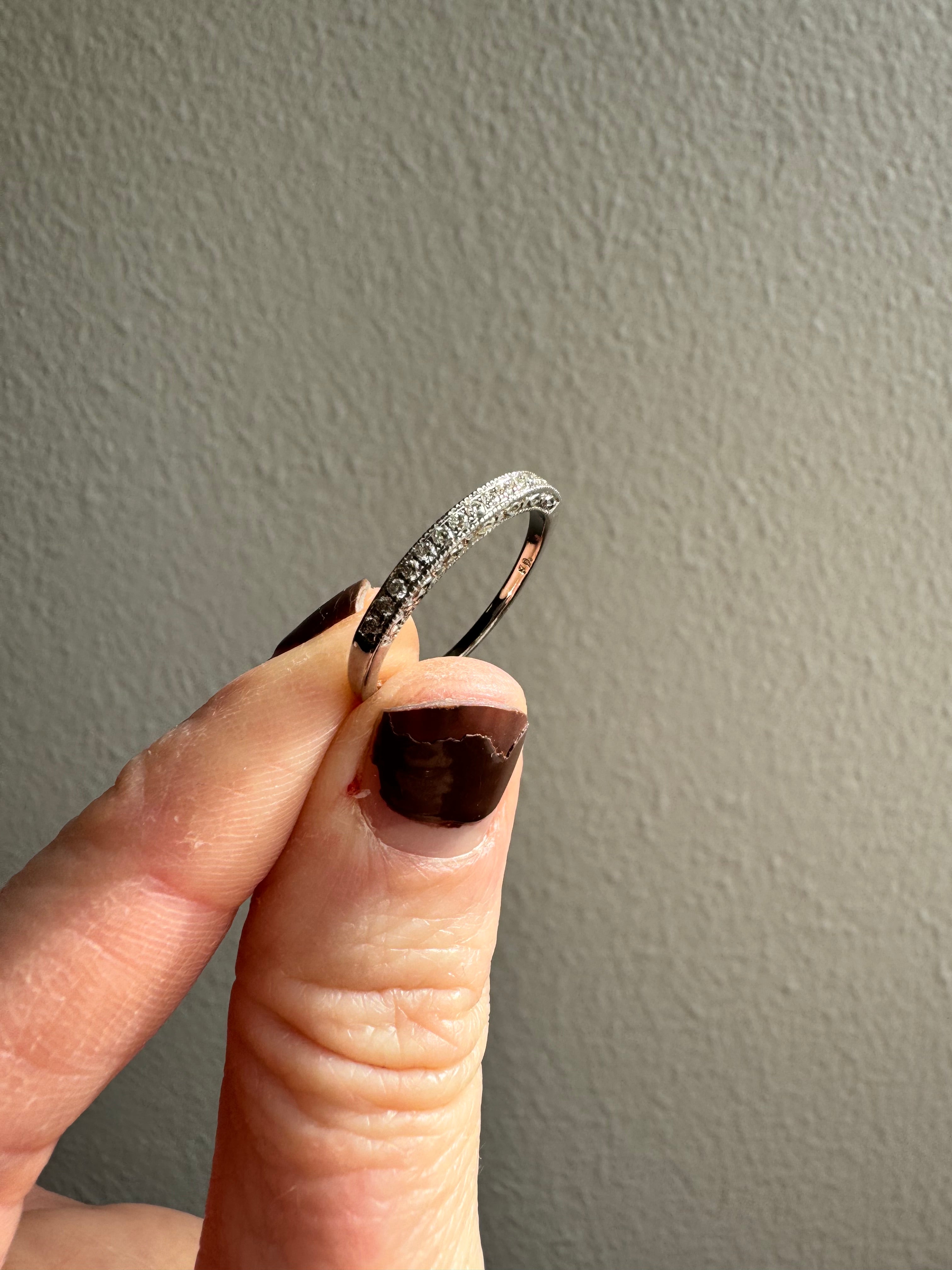 Repair: 14k white gold diamond wedding set. Remove engagement ring from soldered wedding band & refinish wedding band.