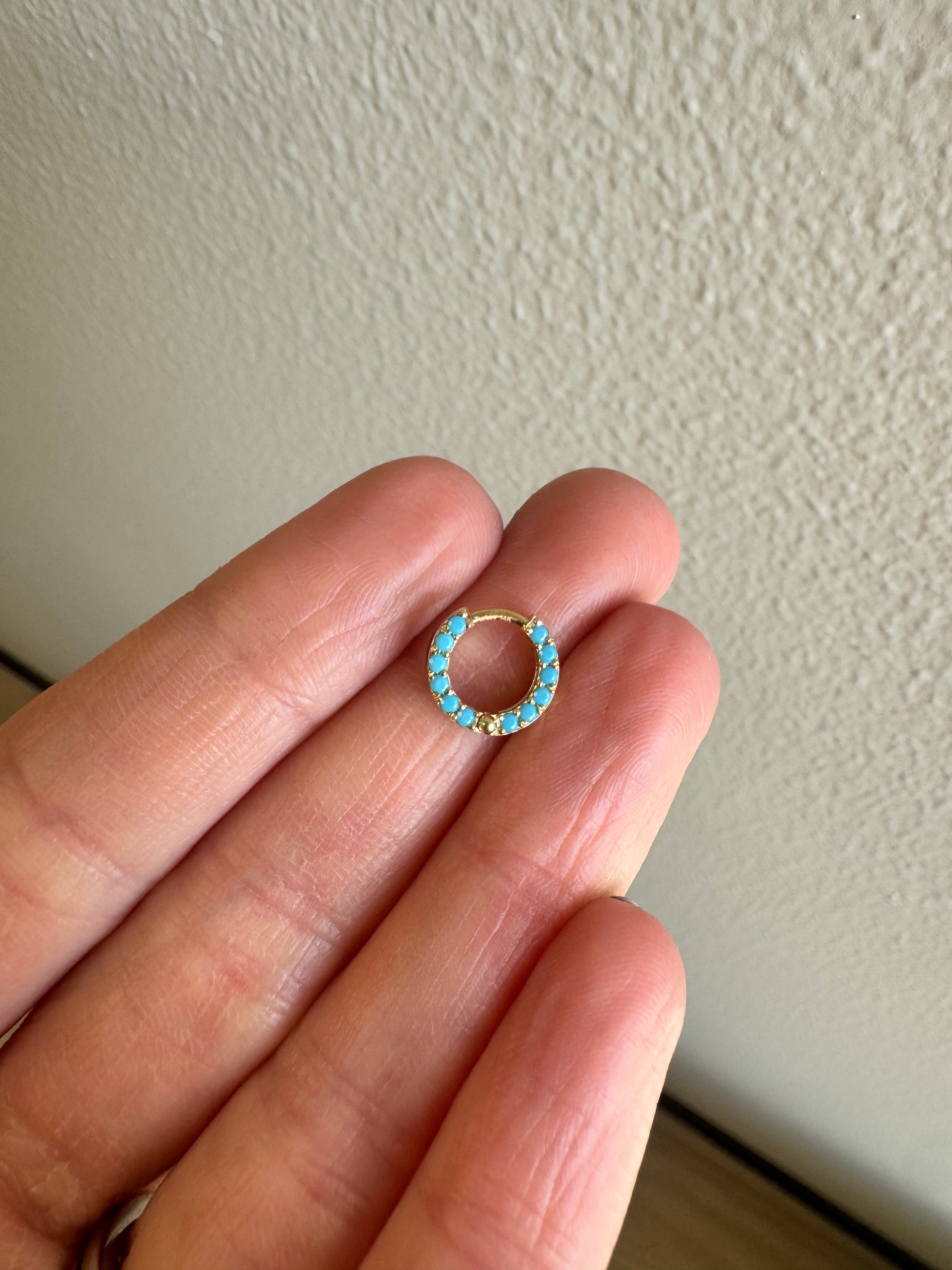 1- 14K yellow gold hoop earring with turquoise stones