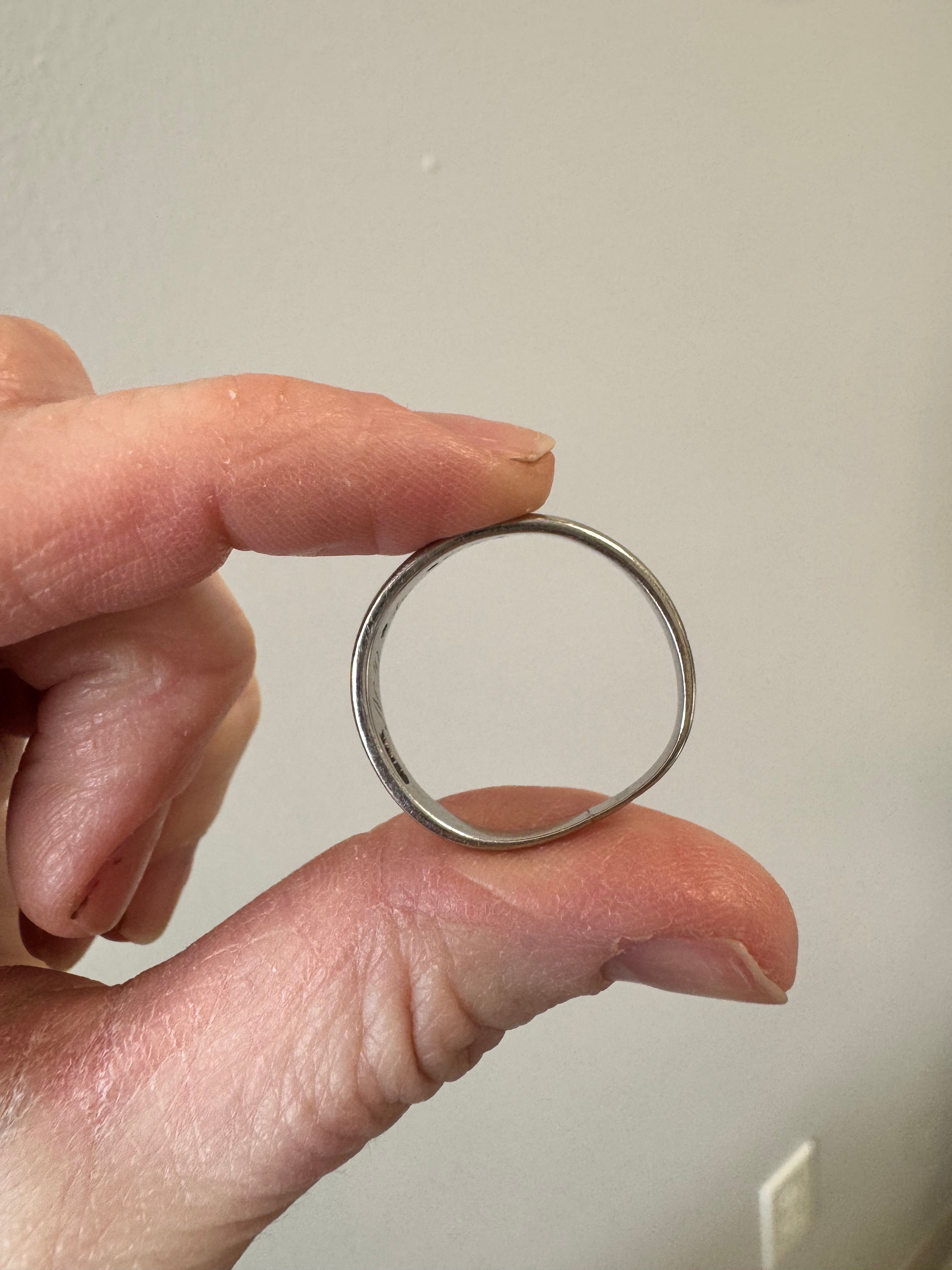 Turn white gold wedding band w/3 diamonds into pendant. Preserve engraving on back. Florentine finish on front to match original band. Supply 20", 1.6mm spiga chain in rhodiom-plated sterling silver.