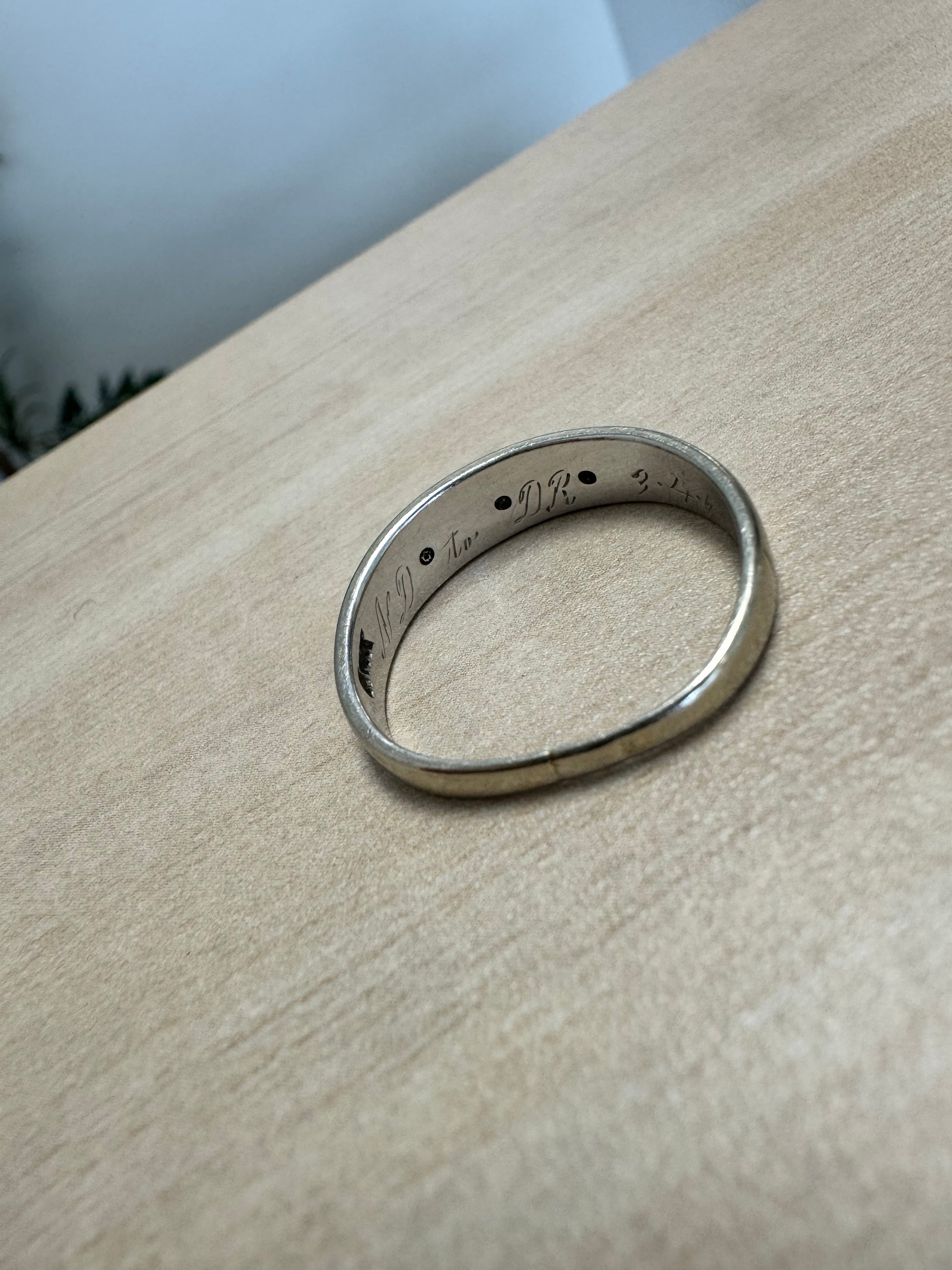 Turn white gold wedding band w/3 diamonds into pendant. Preserve engraving on back. Florentine finish on front to match original band. Supply 20", 1.6mm spiga chain in rhodiom-plated sterling silver.