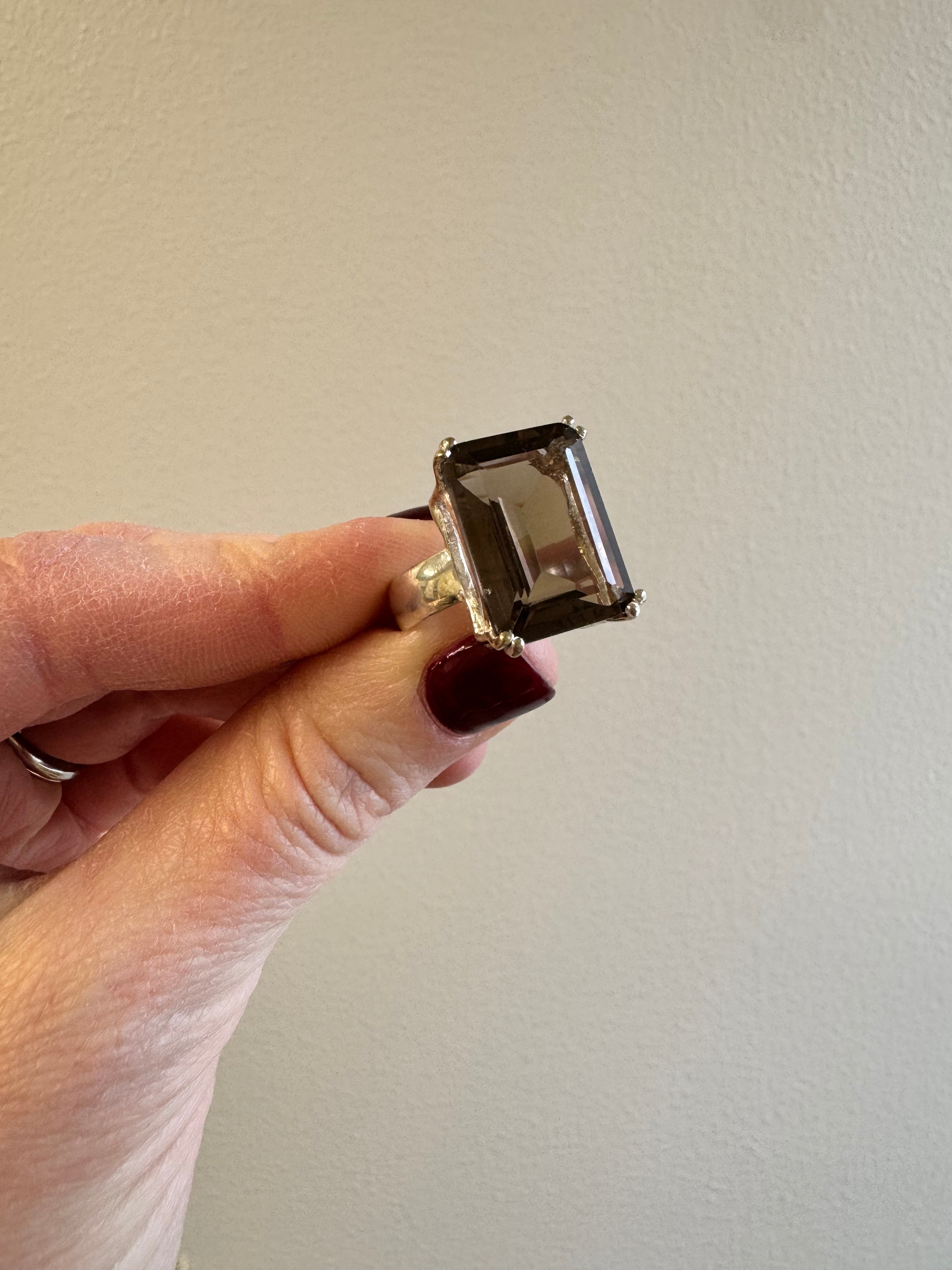 Remove split shank & supply 5mm half domed sterling silver shank to sterling silver smokey quartz ring. Make size 6.5.