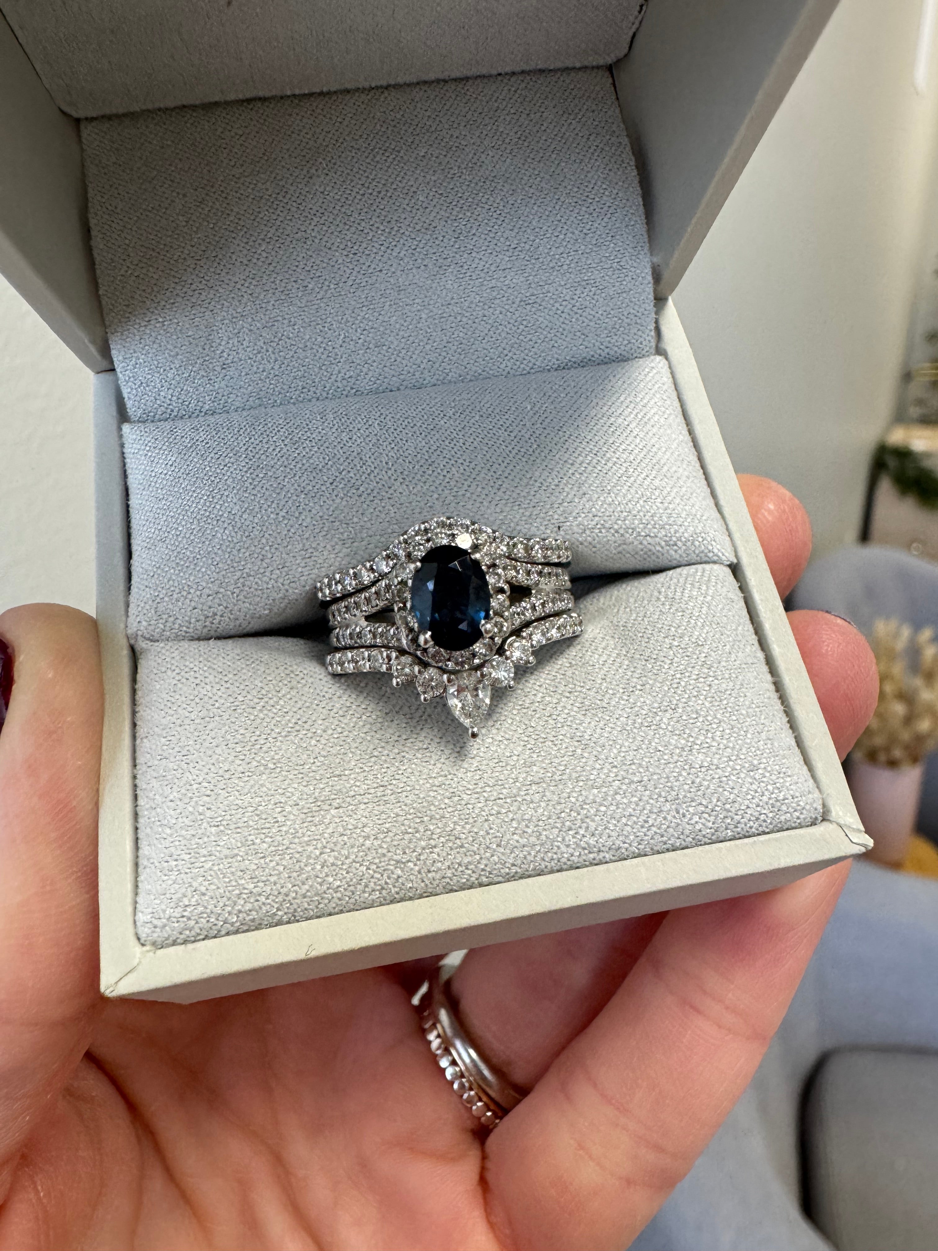 Make white gold lab grown diamond wedding bands in to ring guard at a size 7.5 to fit customer's split shank halo engagement ring. No charge.