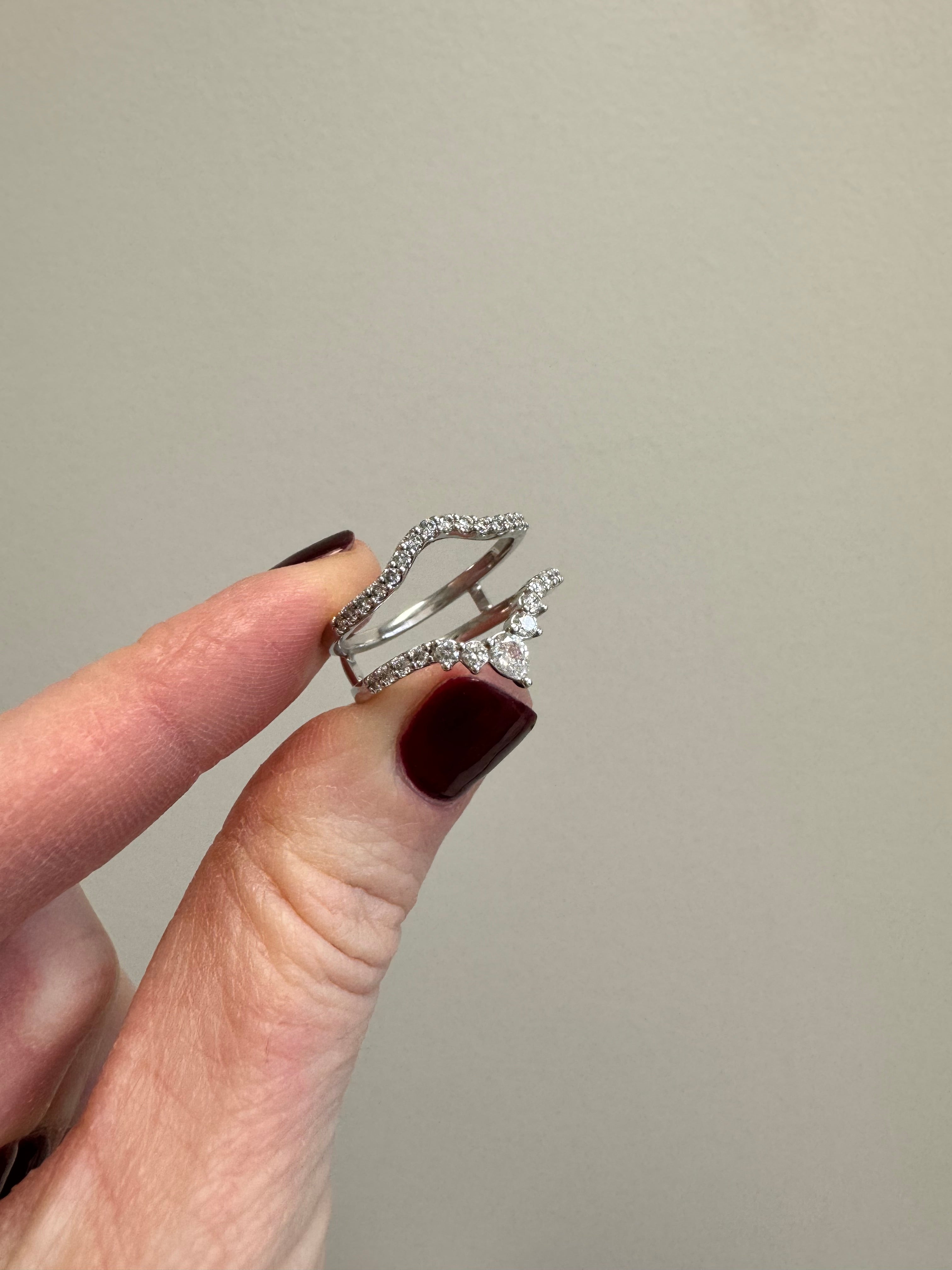 Make white gold lab grown diamond wedding bands in to ring guard at a size 7.5 to fit customer's split shank halo engagement ring. No charge.