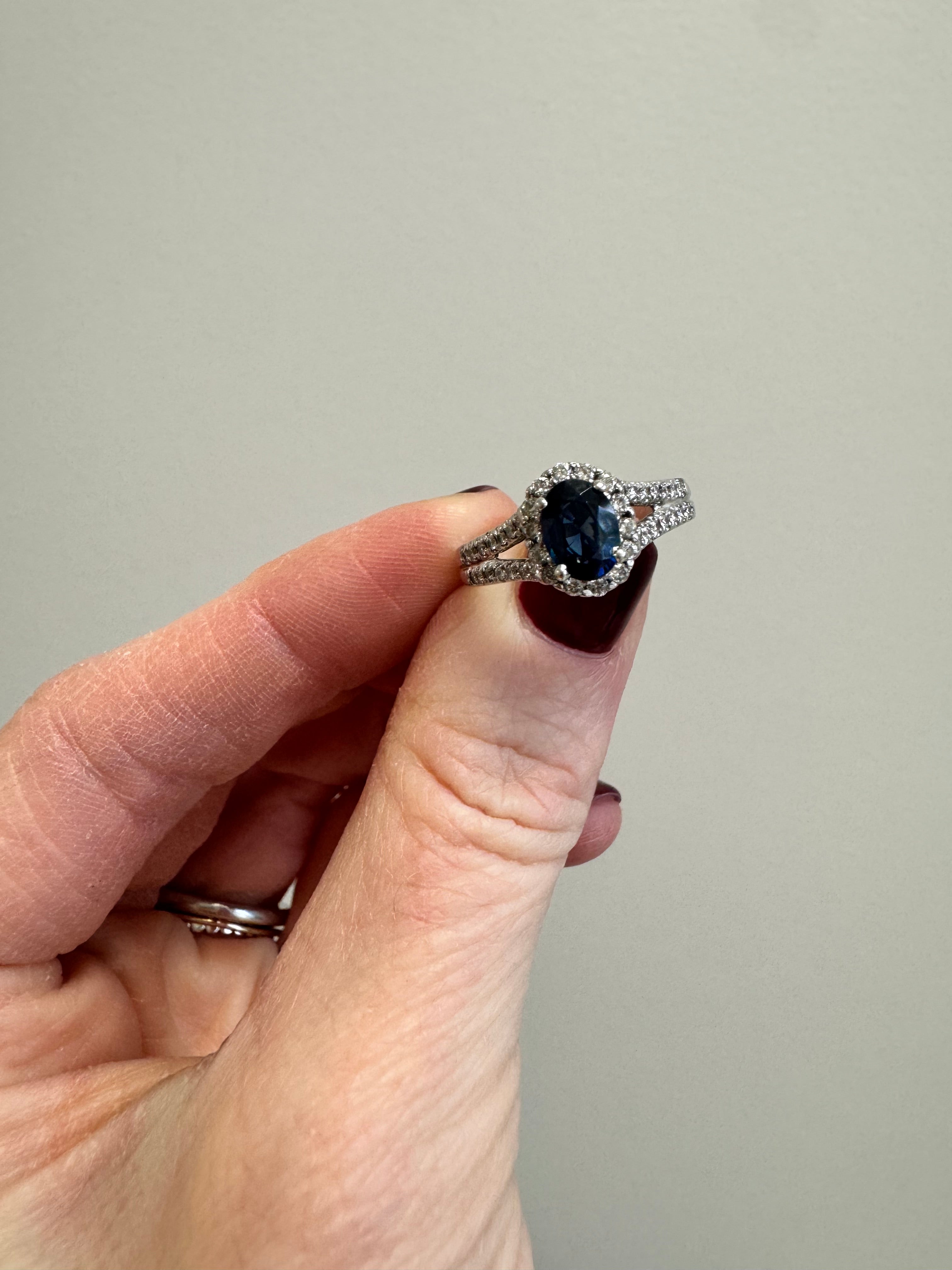 Size white gold diamond and sapphire engagement ring up to 7.5.