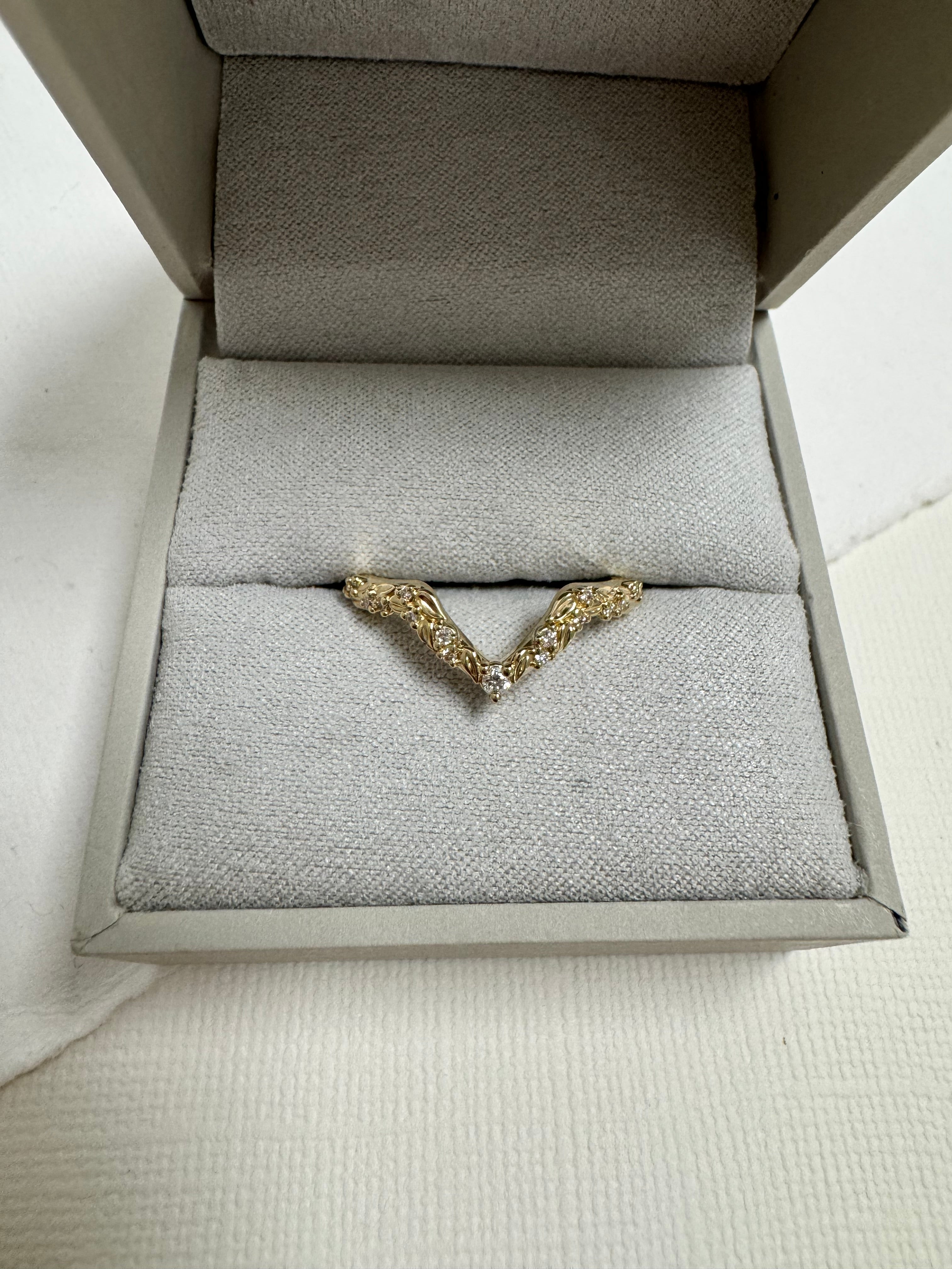 Custom 14k yellow gold lab grown diamond floral inspired curved wedding band. Size 8.5.