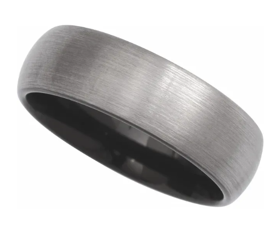 Half round comfort fit Tungsten band with Black PVD on the inside . Size 8.5. 7mm wide.