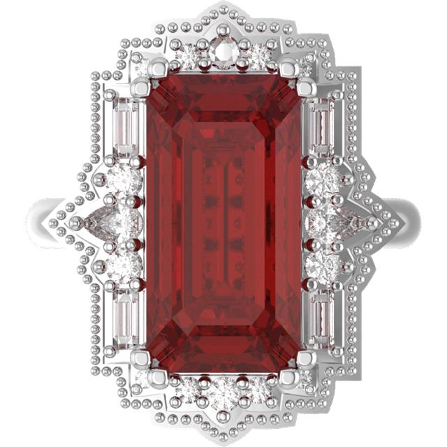 1st payment: Custom 10k white gold Ruby and lab grown diamond vintage style ring made with client's emerald cut ruby (7.15 cts). Size 4.5