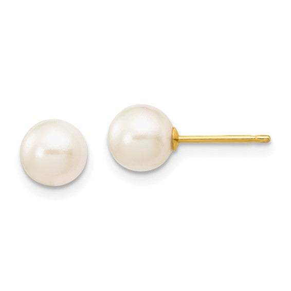6-7mm White Round Akoya Saltwater Cultured Pearl studs with 14k yellow gold friction posts and backs
