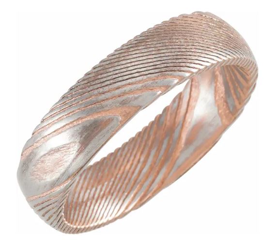 18K Rose Gold PVD Damascus Steel 6 mm Half Round Patterned Band Size 9.5