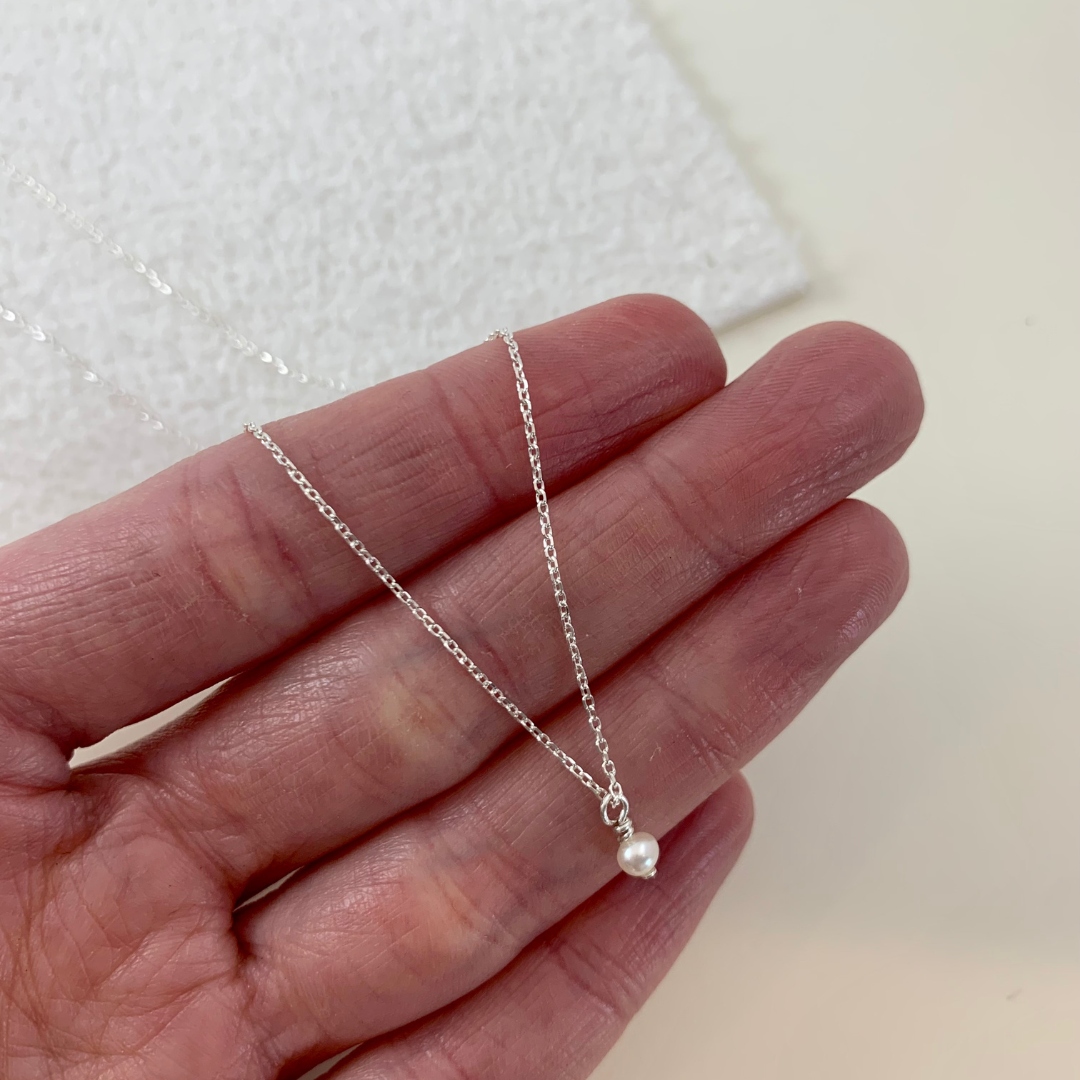 Dainty Pearl Necklace in Sterling Silver - 16"