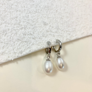 Sterling Silver Rhodium-plated White Teardrop Pearl Huggie Earrings