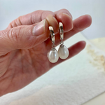Sterling Silver Rhodium-plated White Teardrop Pearl Huggie Earrings