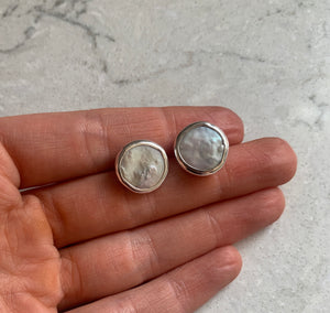 Sterling Silver Bezeled Coin Pearl Stud Earrings