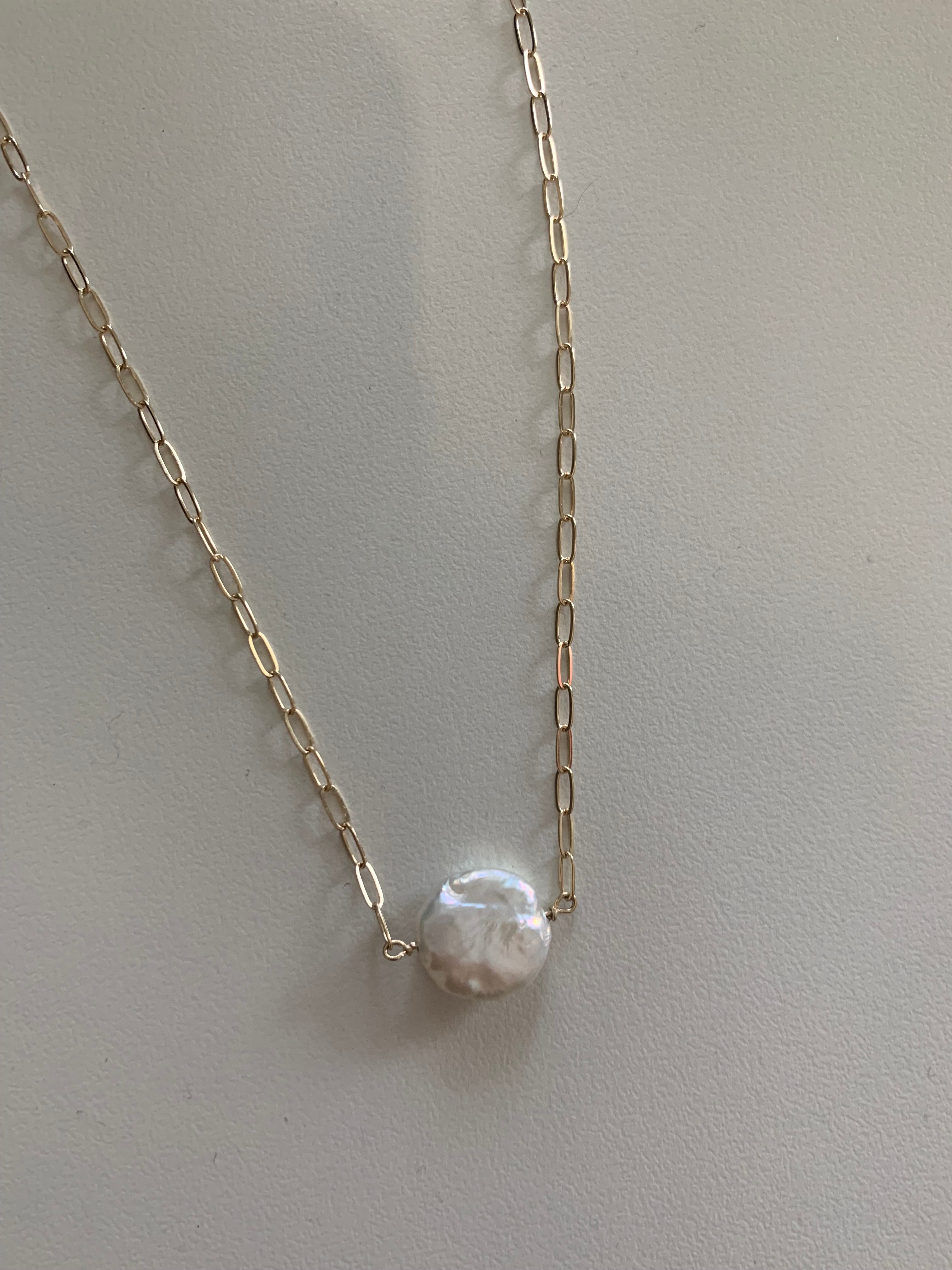 14k yellow gold long link chain pearl necklace
