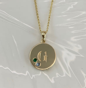 14k Yellow Gold Emerald and Blue Zircon Disc Necklace with G Engraved